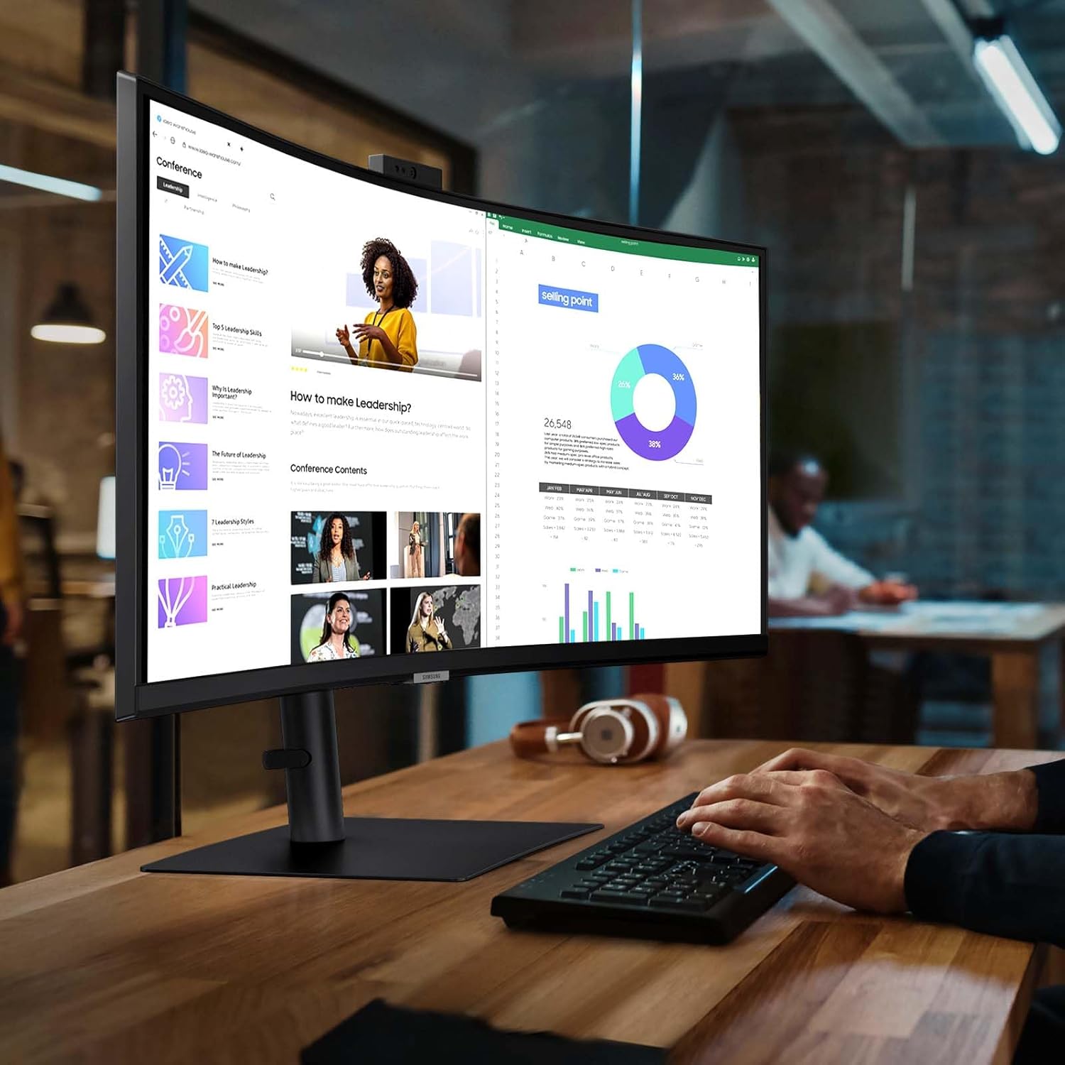 Samsung 34-Inch ViewFinity S65VC Series Ultra-WQHD Curved Computer Monitor, 100Hz, AMD FreeSync, HDR10, USB-C, Built-in Speaker, Camera, KVM Switch, Eye Care, Eco-Packaging, LS34C650VANXGO, Black image 9