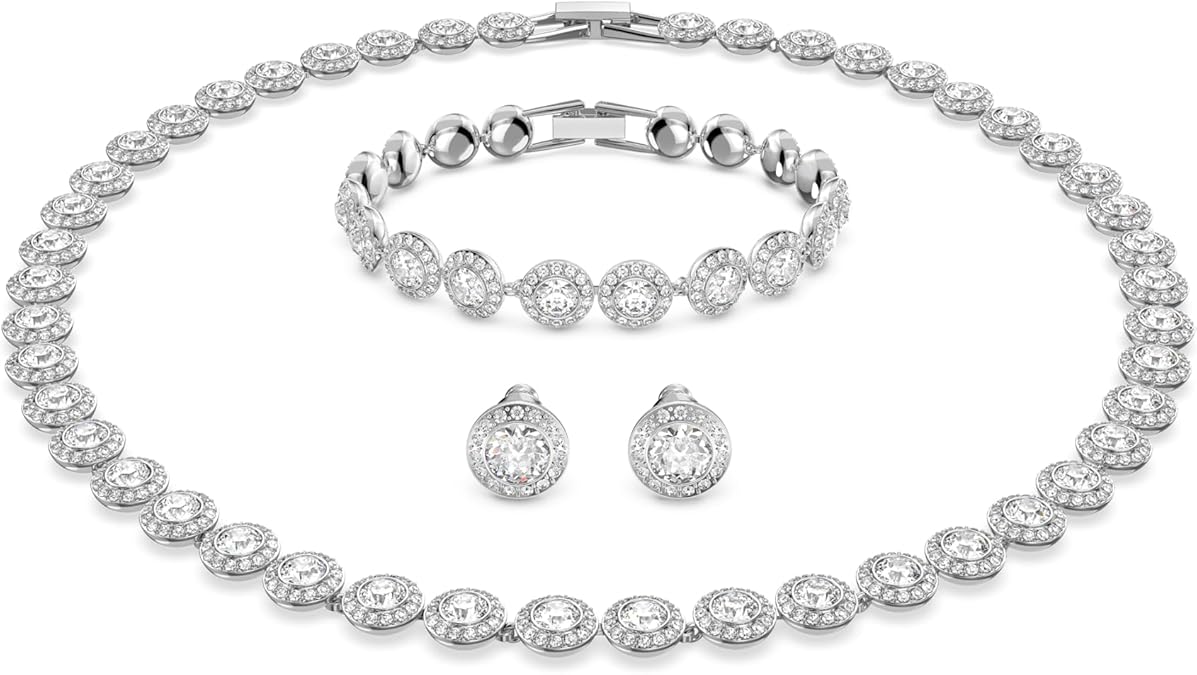 Swarovski Crystal Authentic Angelic All Around Set of Necklace, Bracelet and Earrings, White, Rhodium Finish- Women's Hypoallergenic Sparkling Jewelries - Nickel Free Crystal Jewelry Collection image 1