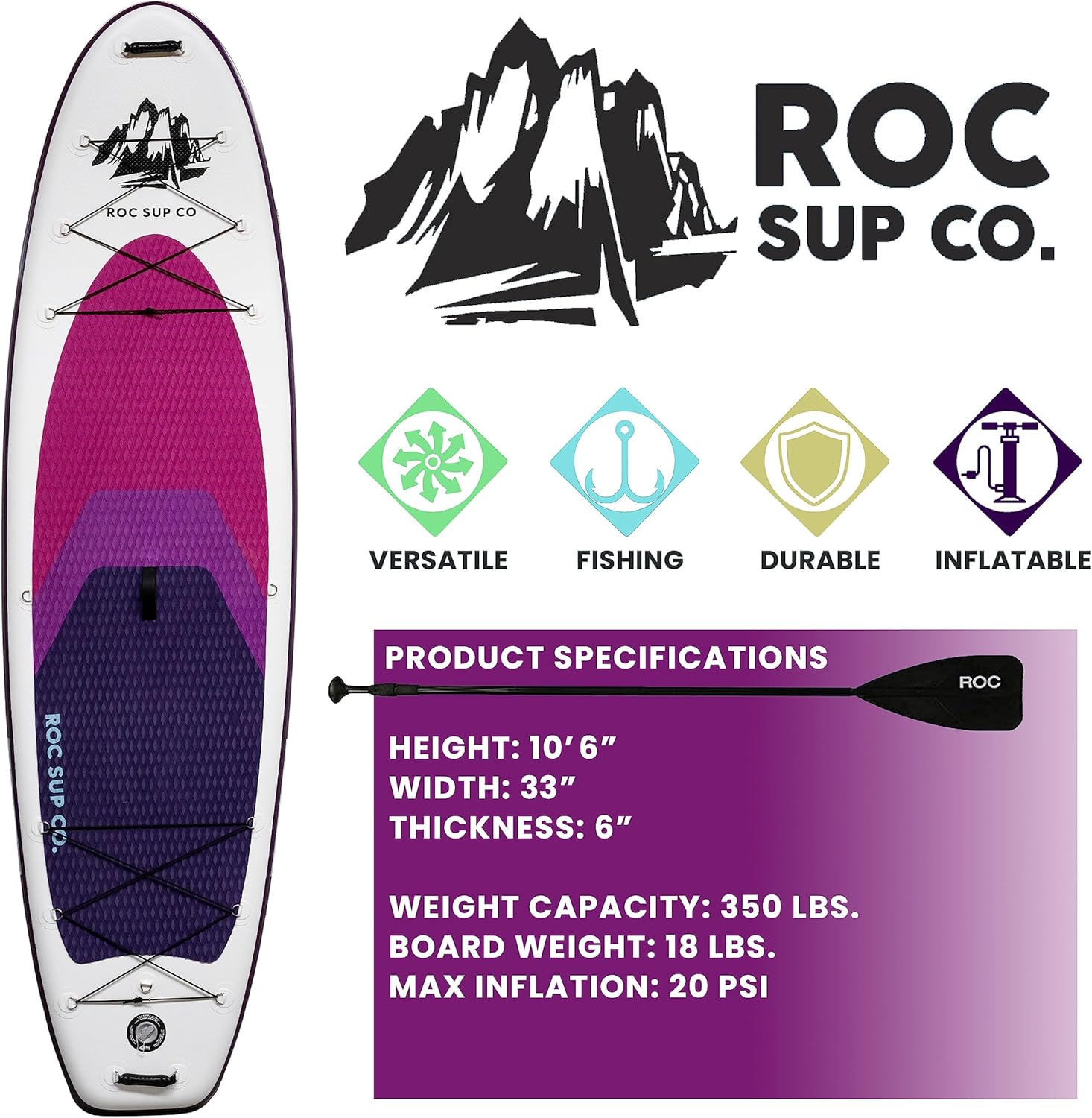 Roc Inflatable Stand Up Paddle Boards with Premium SUP Paddle Board Accessories, Wide Stable Design, Non-Slip Comfort Deck for Youth & Adults image 3