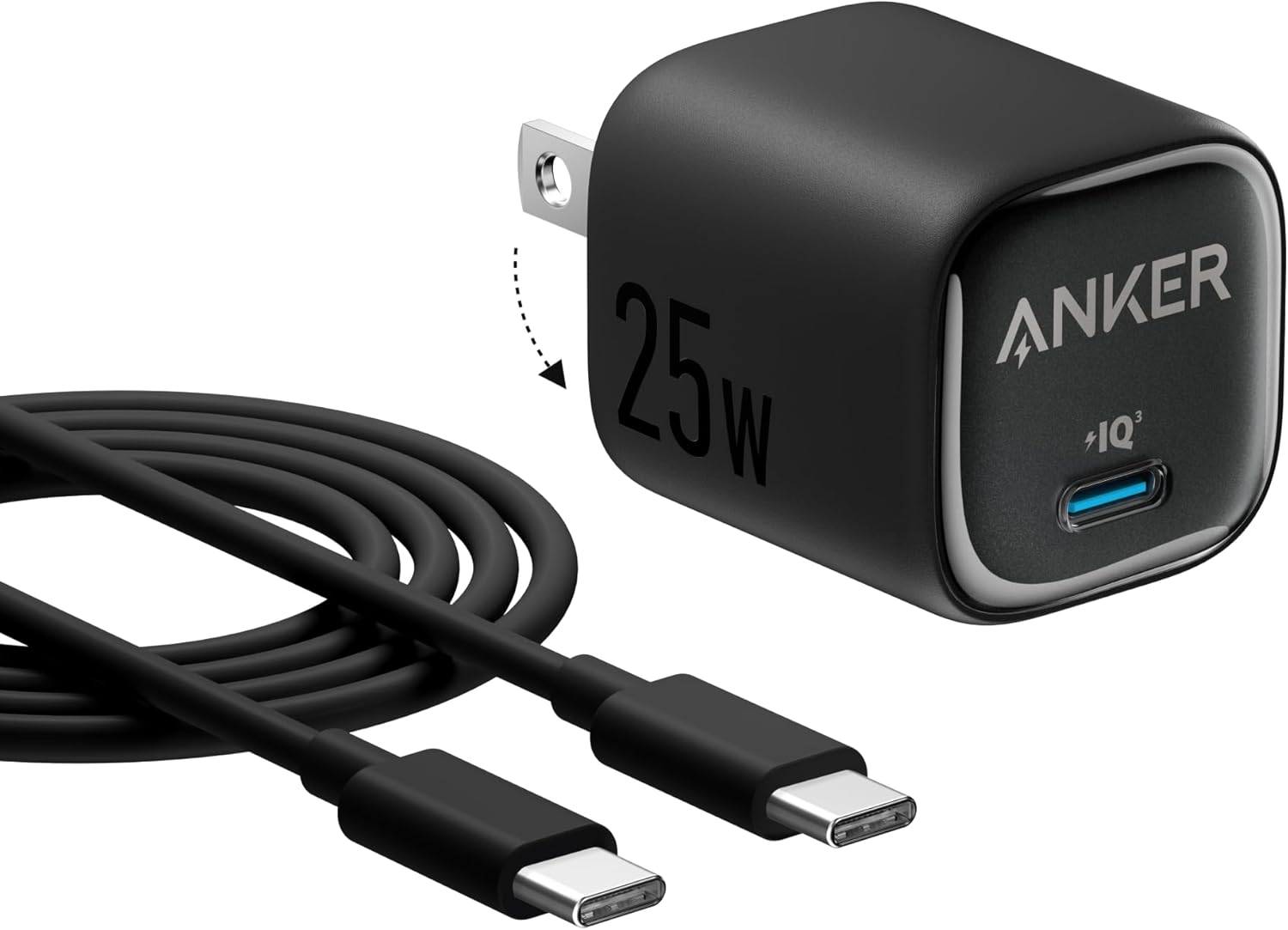 Anker 25W USB C Charger Block, Compact and Foldable, Supports PPS Fast Charging for Galaxy S24/Z Fold/Z Flip/Tab, iPhone, iPad (Black, 1pack with Cable) image 1
