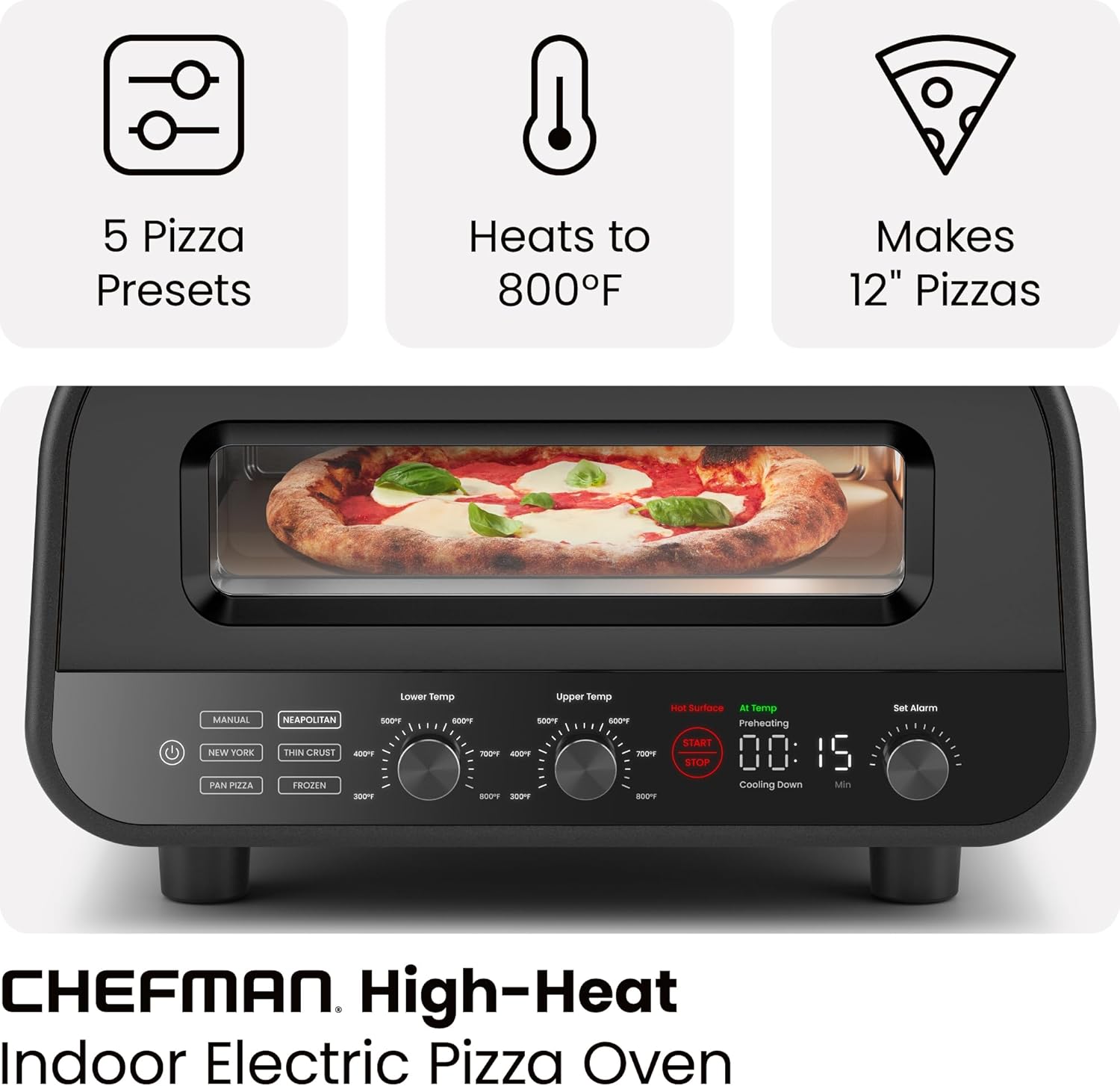 CHEFMAN Indoor Pizza Oven - Makes 12 Inch Pizzas in Minutes, Heats up to 800°F - Countertop Electric Pizza Maker with 5 Touchscreen Presets, Pizza Stone and Peel Included - Stainless Black image 2