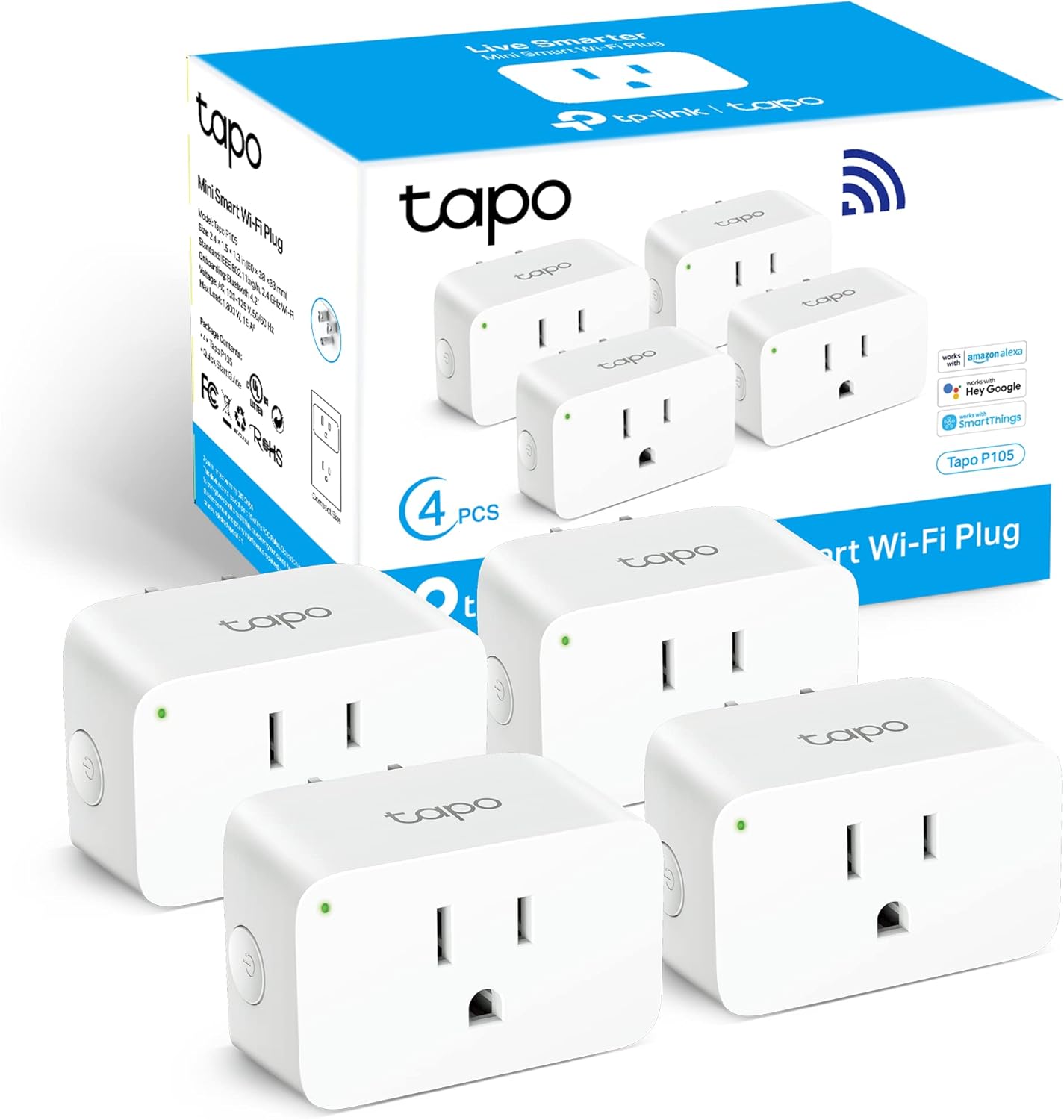 TP-Link Tapo Smart Plug Mini 15A, Smart Home Wi-Fi Plug, Super Easy Setup, Compatible with Alexa & Google Home, No Hub Required, UL Certified, 2.4G WiFi Only, White, Tapo P105(4-Pack) image 1