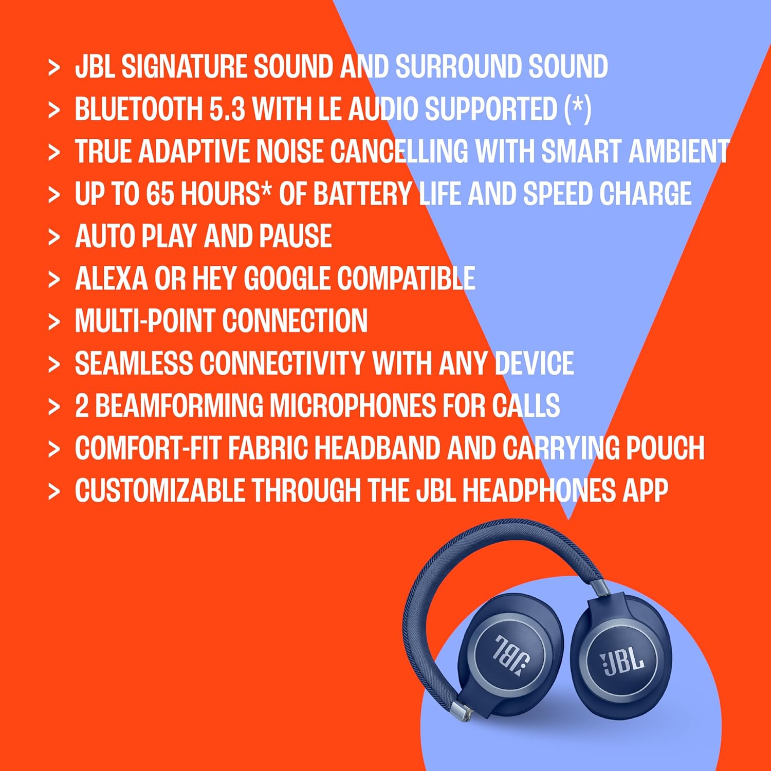 JBL Live 770NC - Wireless Over-Ear Headphones with True Adaptive Noise Cancelling with Smart Ambient, Up to 65 Hours of Battery Life, Comfort-fit Fabric Headband & Carrying Pouch (Blue) image 6