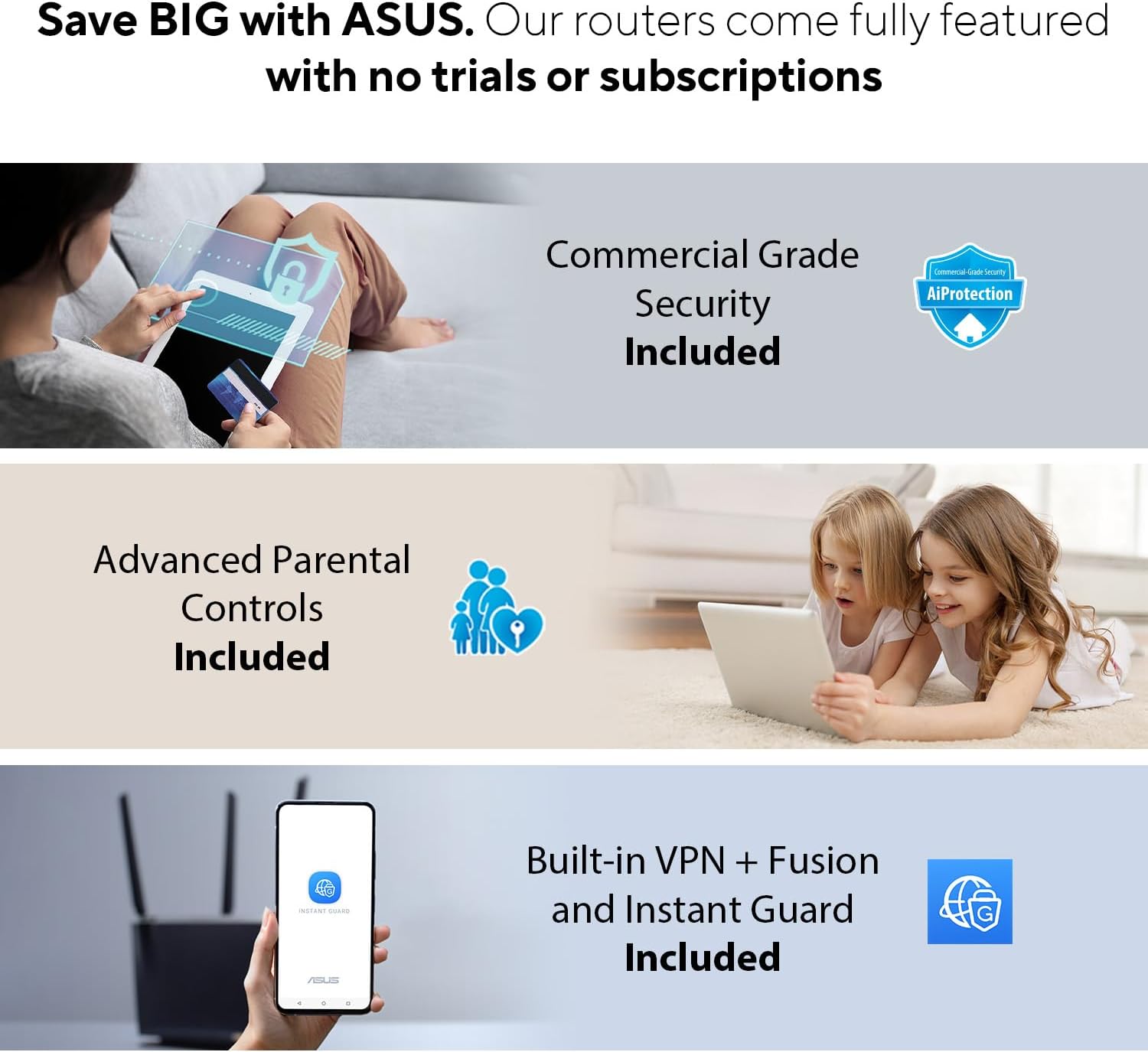 ASUS RT-AXE7800 Tri-band WiFi 6E (802.11ax) Router, 6GHz Band, ASUS Safe Browsing, Upgraded Network Security, Instant Guard, Built-in VPN Features, Parental Controls, 2.5G Port, AiMesh Support image 3