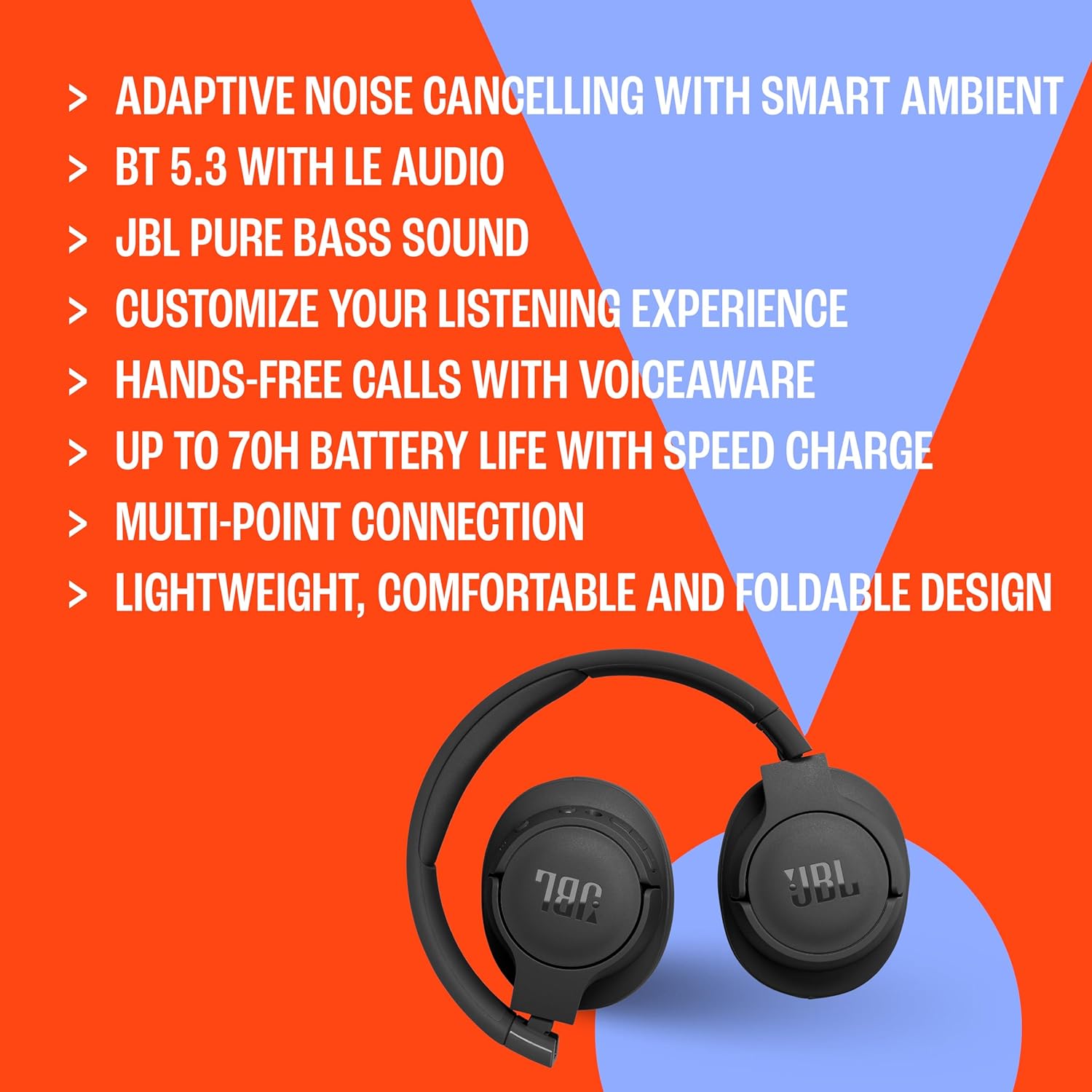 JBL Tune 770NC - Adaptive Noise Cancelling with Smart Ambient Wireless Over-Ear Headphones, Bluetooth 5.3, Up to 70H Battery Life with Speed Charge, Lightweight, Comfortable & Foldable Design (Black) image 7