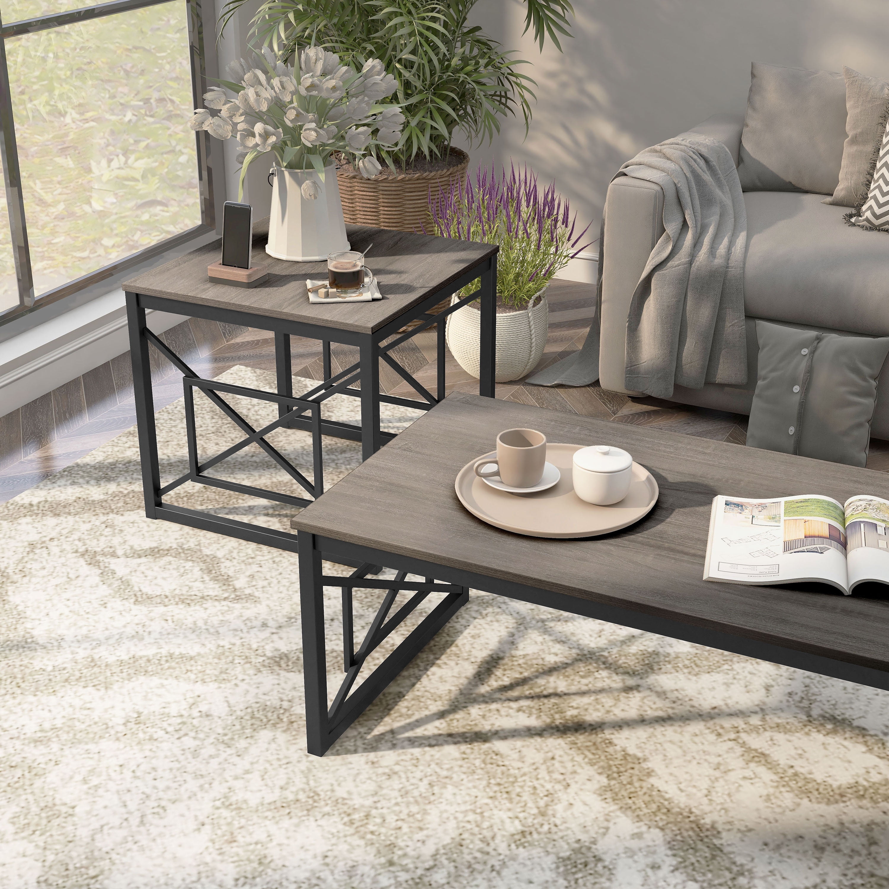 Furniture of America Dexter Wood Top and Metal Gray 2-Piece Coffee Table Set image 10