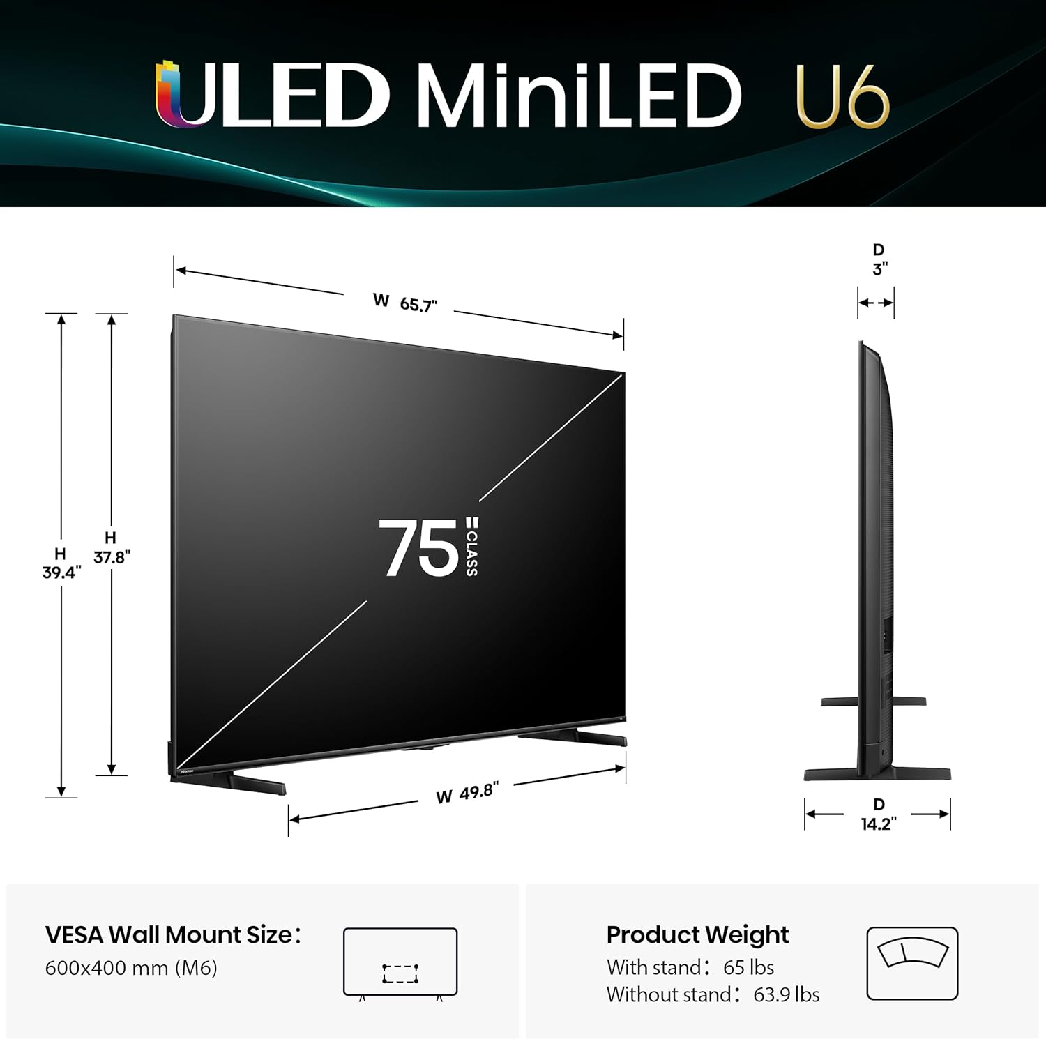 Hisense 75" Class U6 Series Mini-LED 4K UHD Smart Fire TV (75U65QF, 2025 Model) - QLED, Native 144Hz, HDR10+, Dolby Vision IQ, Dolby Atmos, Game Mode Pro, ALLM, Alexa Built in, Black image 2
