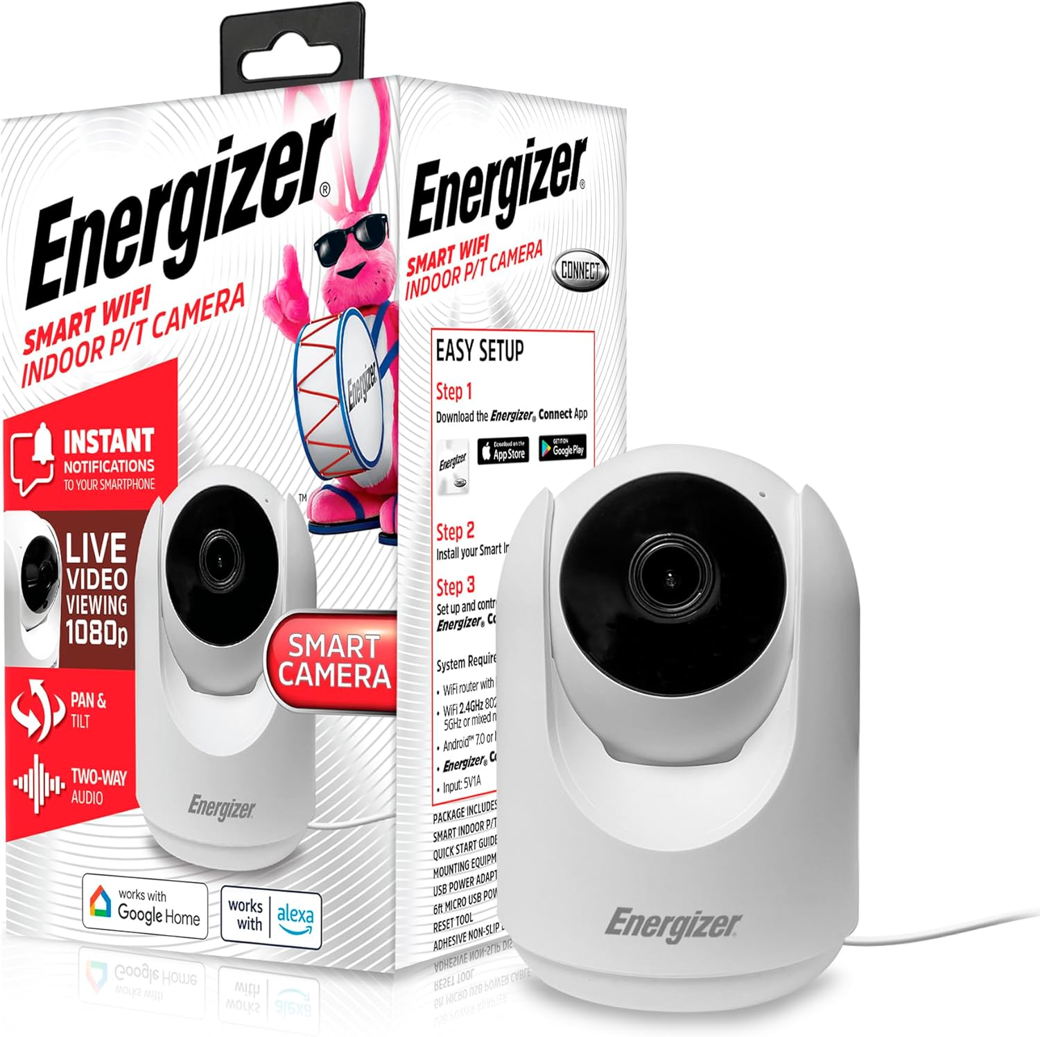 Energizer Smart 1080p Indoor Pan & Tilt Wired Camera, Motion Tracking, Two-Way Conversation, Night Vision, Instant Notifications, Works with Google Home and Alexa, Night Vision, White image 1