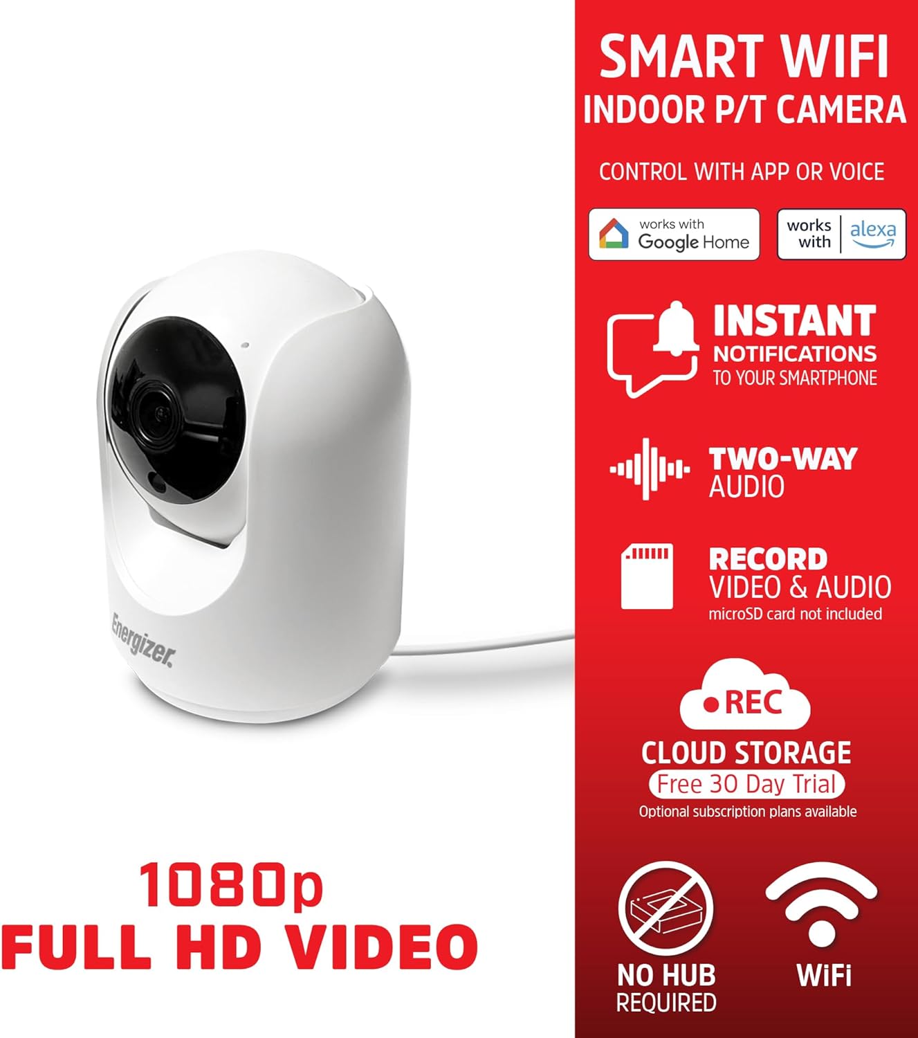 Energizer Smart 1080p Indoor Pan & Tilt Wired Camera, Motion Tracking, Two-Way Conversation, Night Vision, Instant Notifications, Works with Google Home and Alexa, Night Vision, White image 4