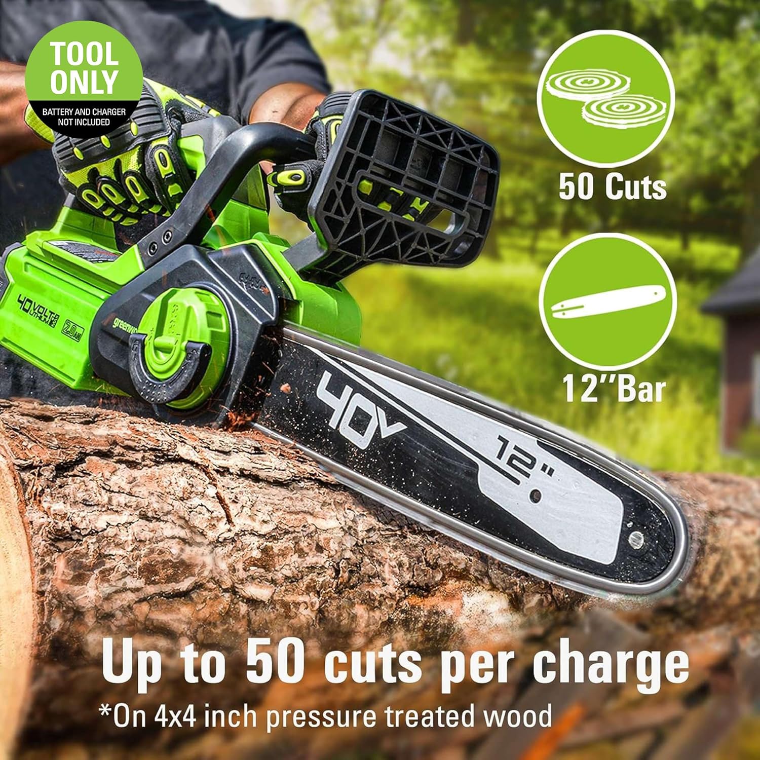 Greenworks 40V 12" Cordless Compact Chainsaw (Great For Storm Clean-Up, Pruning, and Camping), Tool Only image 2