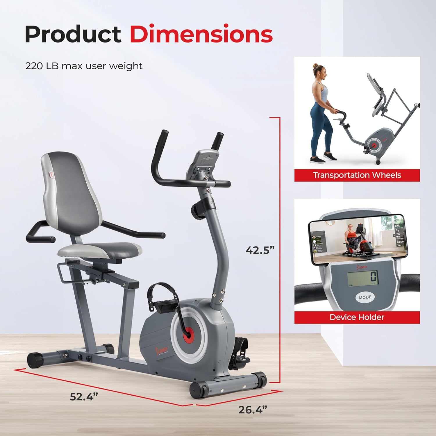 Sunny Health & Fitness Essentials Series Magnetic Smart Recumbent Bike with Exclusive SunnyFit App Enhanced Bluetooth Connectivity – SF-RB422003 image 6