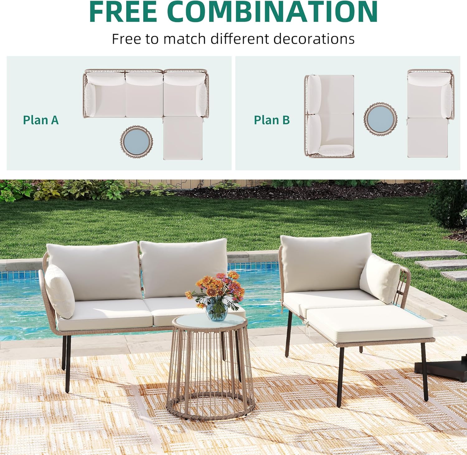 YITAHOME 3 Pieces Patio Furniture Set, Outdoor Wicker Conversation Sectional L-Shaped Sofa with 4 Seater for Backyard, Porch, Boho Detachable Lounger with Cushions and Coffee Table - Beige image 4