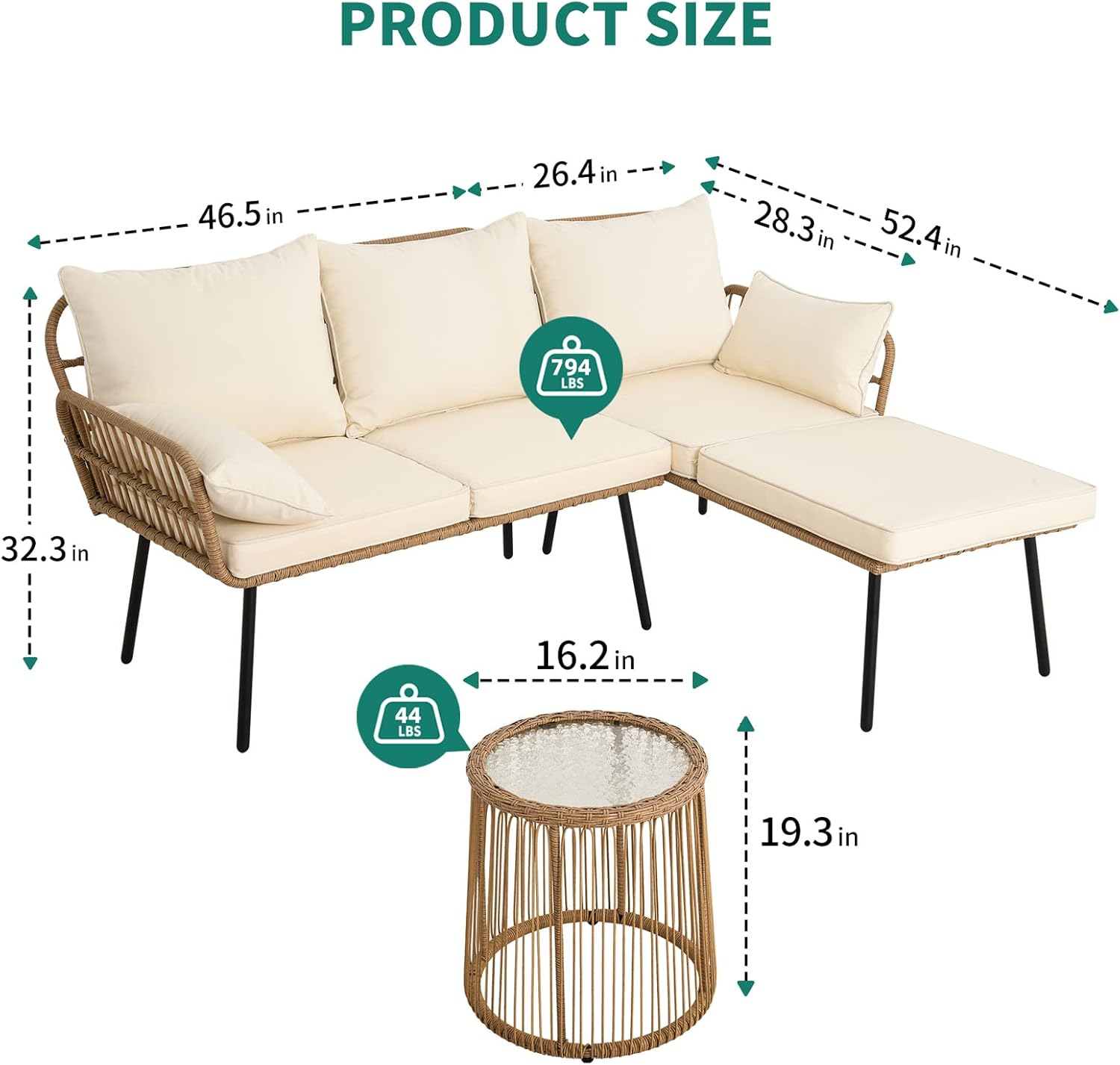 YITAHOME 3 Pieces Patio Furniture Set, Outdoor Wicker Conversation Sectional L-Shaped Sofa with 4 Seater for Backyard, Porch, Boho Detachable Lounger with Cushions and Coffee Table - Beige image 5