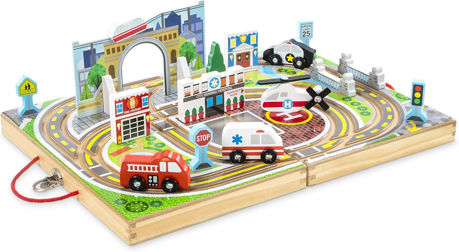 Melissa & Doug 18-Piece Wooden Take-Along Tabletop Town, 4 Rescue Vehicles, Play Pieces, Bridge , 15.4 x 11.0 x 2.6 image 1
