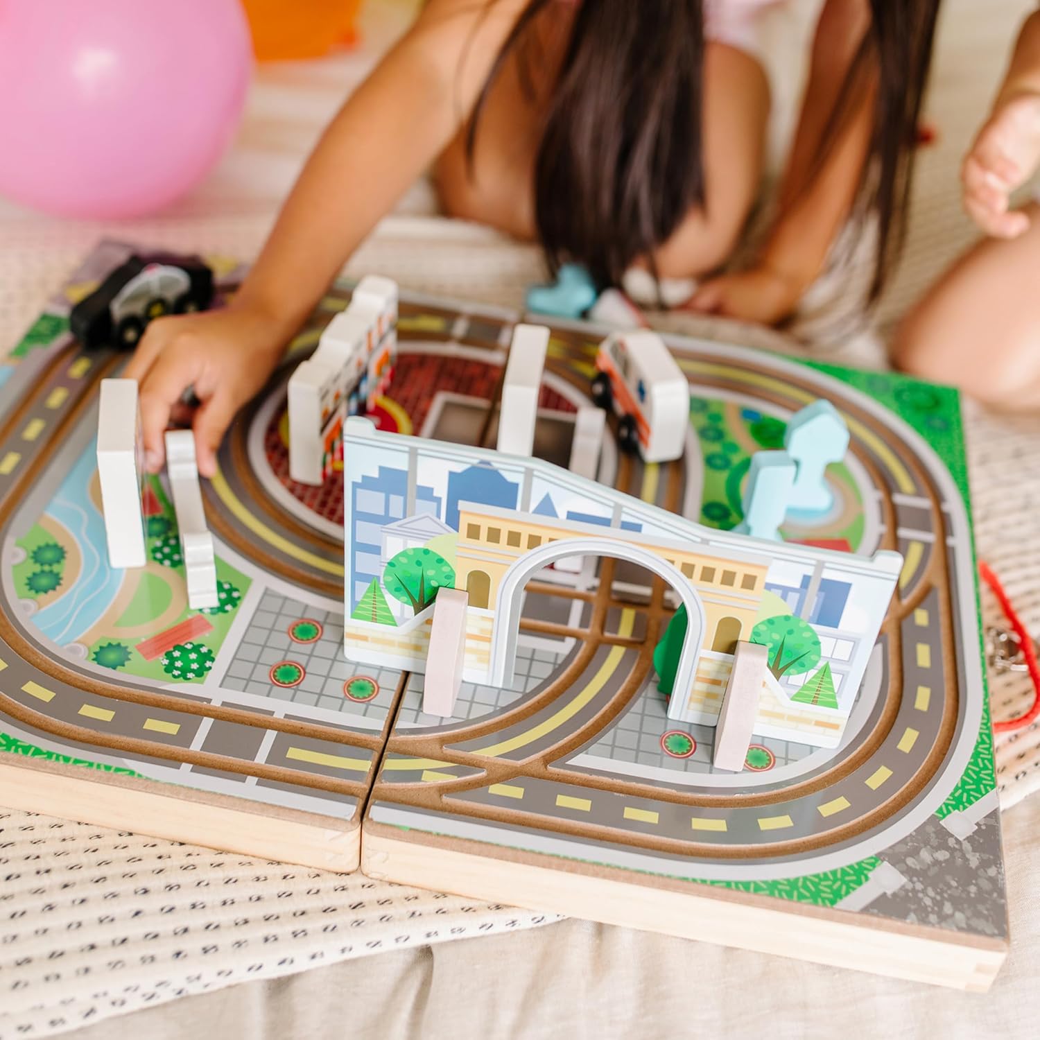 Melissa & Doug 18-Piece Wooden Take-Along Tabletop Town, 4 Rescue Vehicles, Play Pieces, Bridge , 15.4 x 11.0 x 2.6 image 2