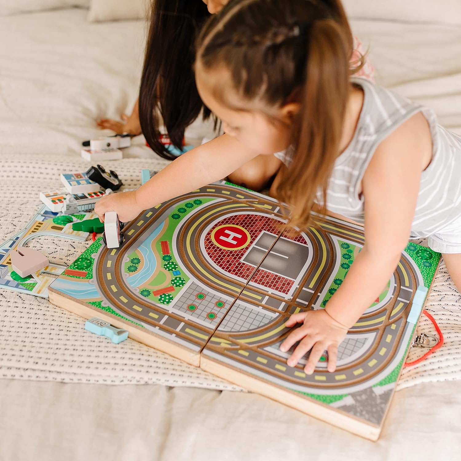 Melissa & Doug 18-Piece Wooden Take-Along Tabletop Town, 4 Rescue Vehicles, Play Pieces, Bridge , 15.4 x 11.0 x 2.6 image 5