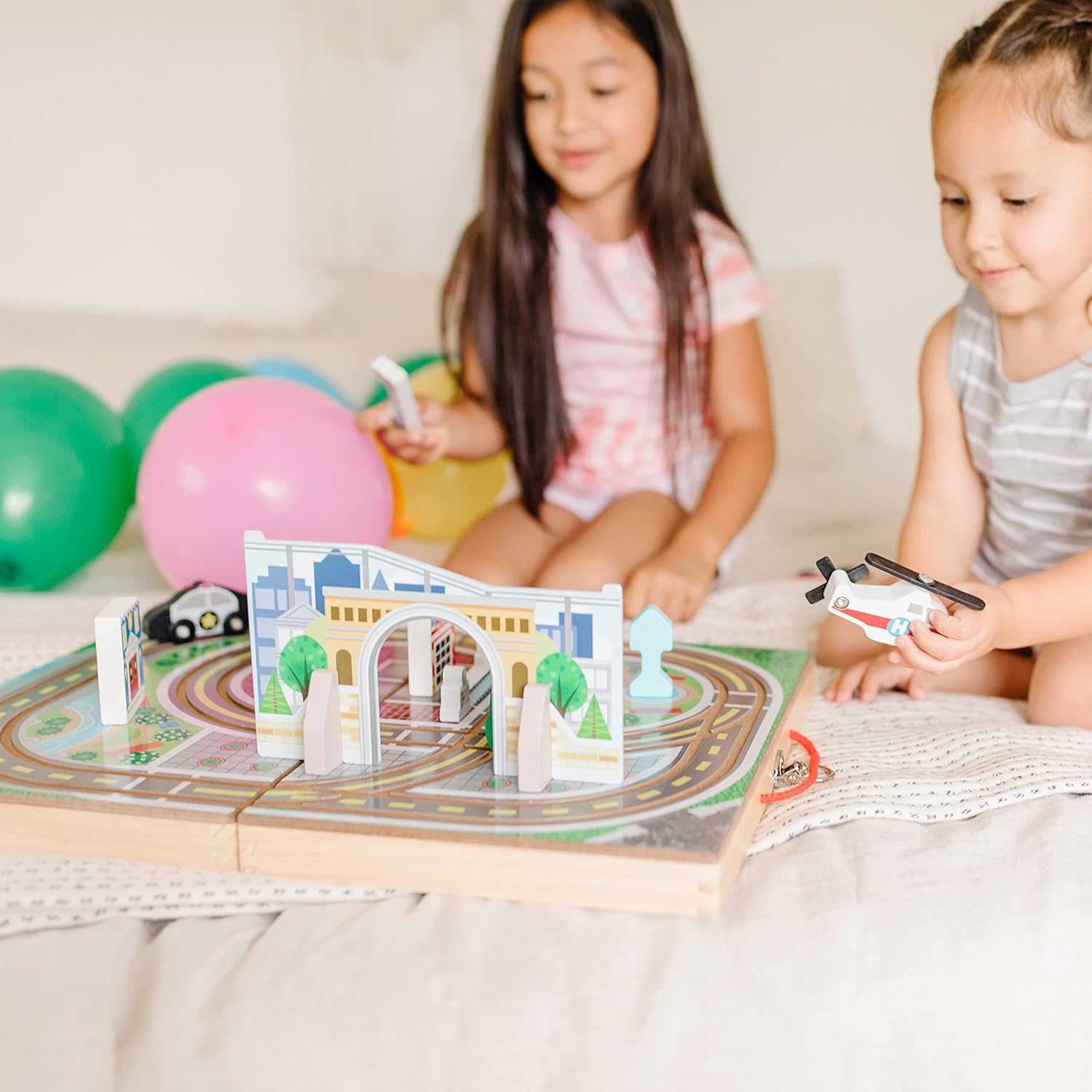 Melissa & Doug 18-Piece Wooden Take-Along Tabletop Town, 4 Rescue Vehicles, Play Pieces, Bridge , 15.4 x 11.0 x 2.6 image 8
