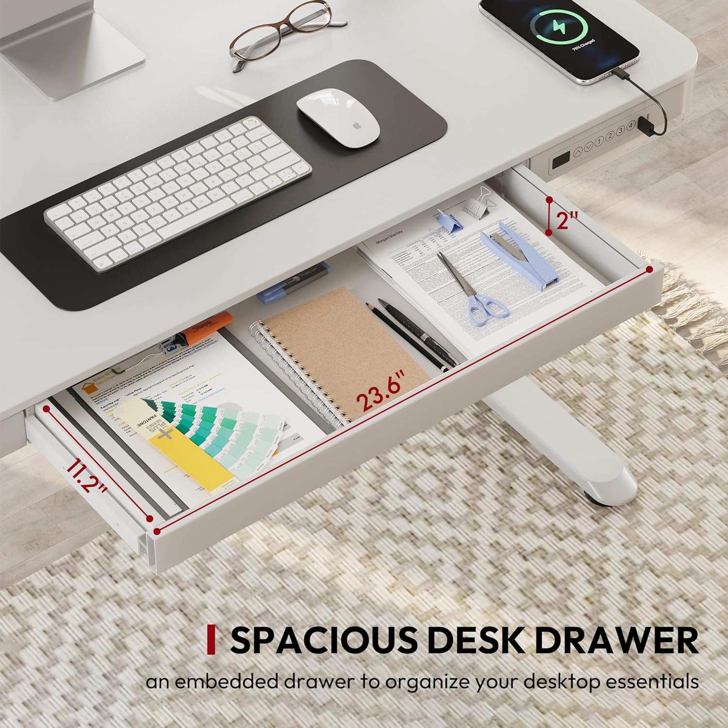 SANODESK Standing Desk with Drawer, Electric Height Adjustable Home Office Desk with Storage & USB Ports, 55 inch White Wood Tabletop/White Frame image 4