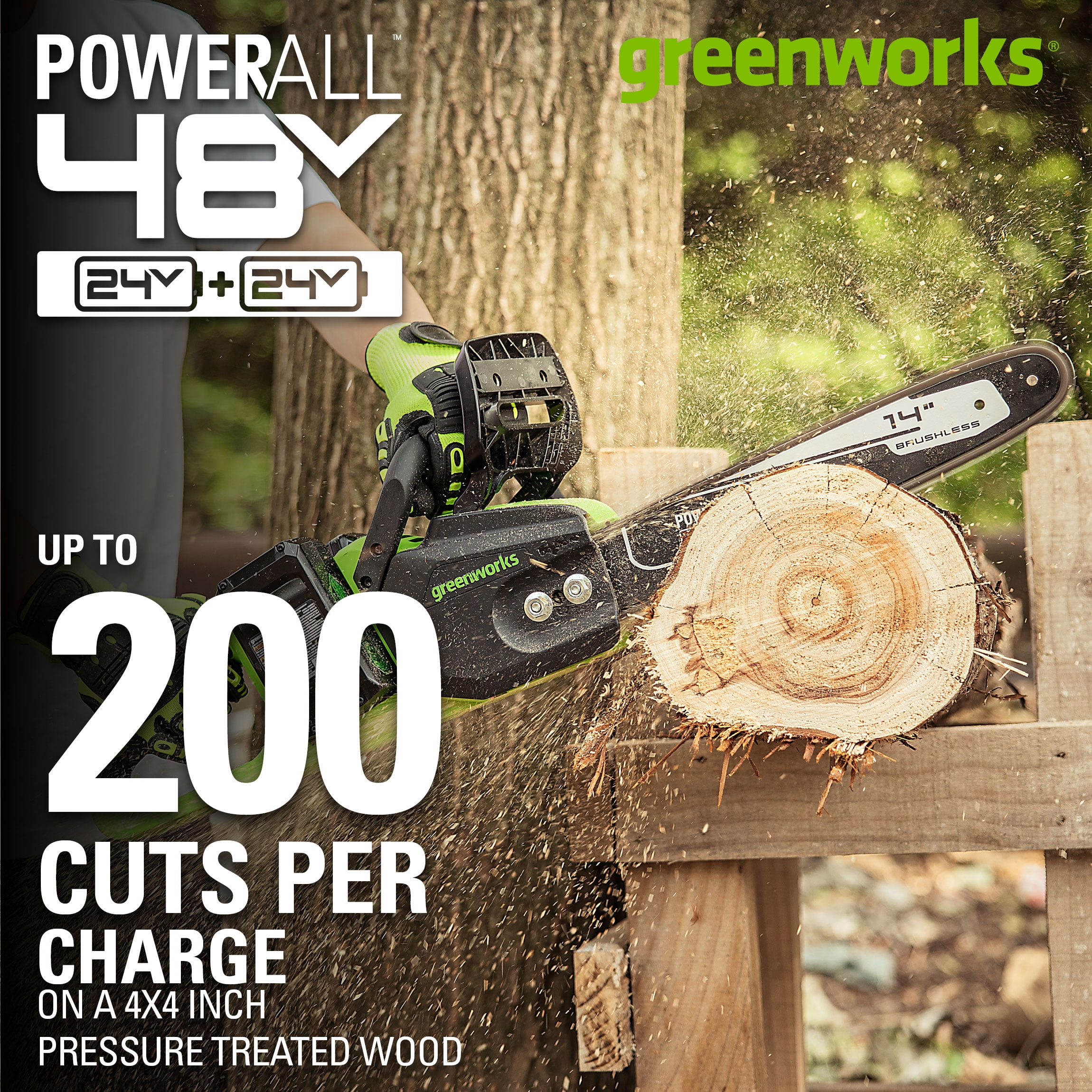 Greenworks 48V (2x24V) 14" Brushless Chainsaw + (2) 4Ah USB Batteries & Dual Port Charger 2017902 image 3