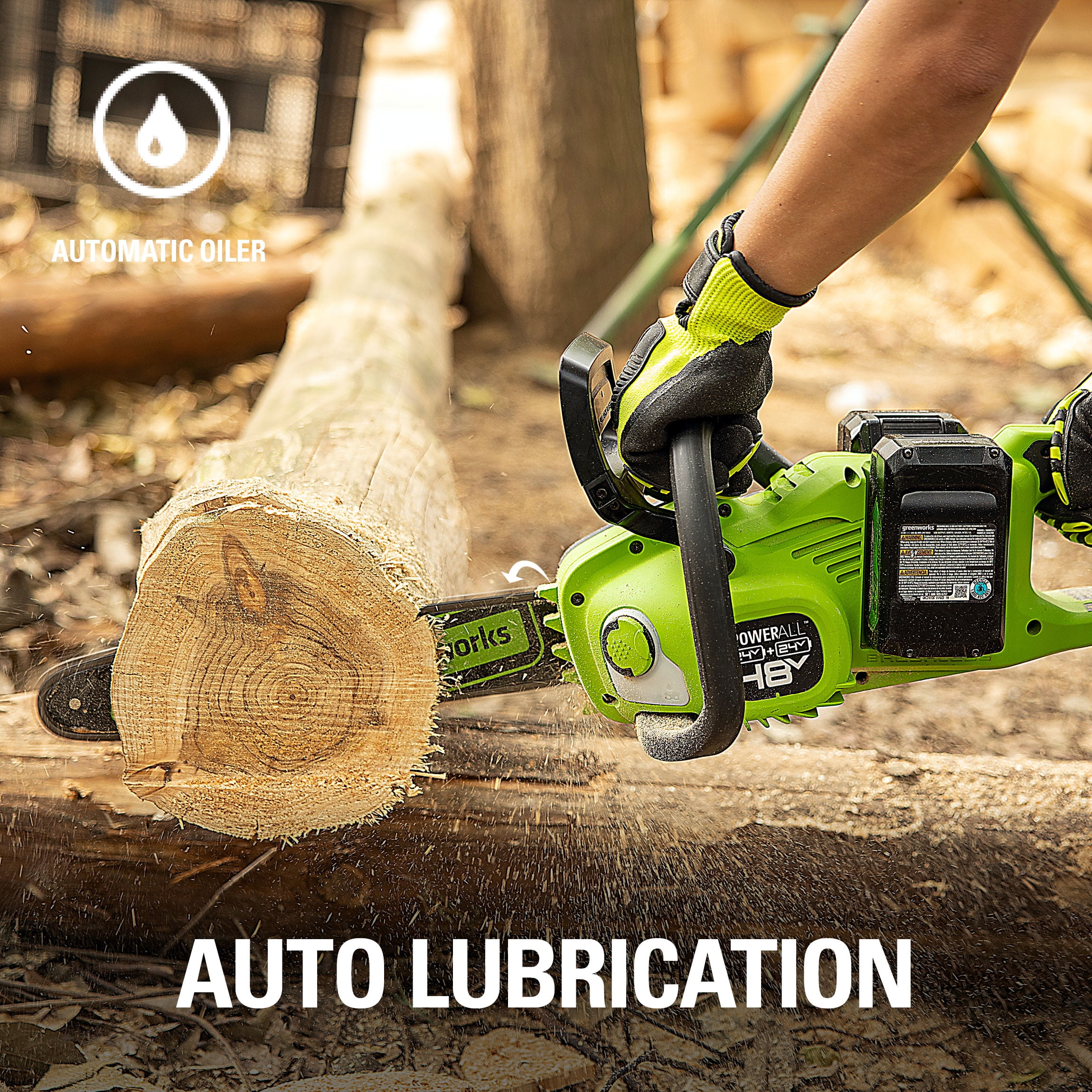 Greenworks 48V (2x24V) 14" Brushless Chainsaw + (2) 4Ah USB Batteries & Dual Port Charger 2017902 image 9