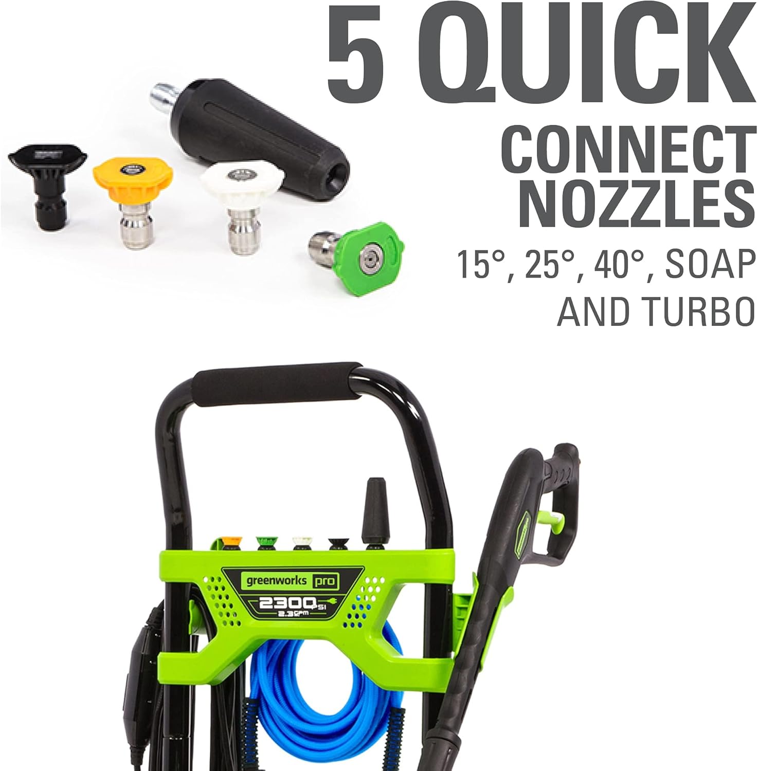Greenworks 2300 PSI TruBrushless (2.3 GPM) Electric Pressure Washer, 25’ Hose, Quick Connect Wand, 15, 24, 40 Degree Soap and Turbo Nozzle image 8