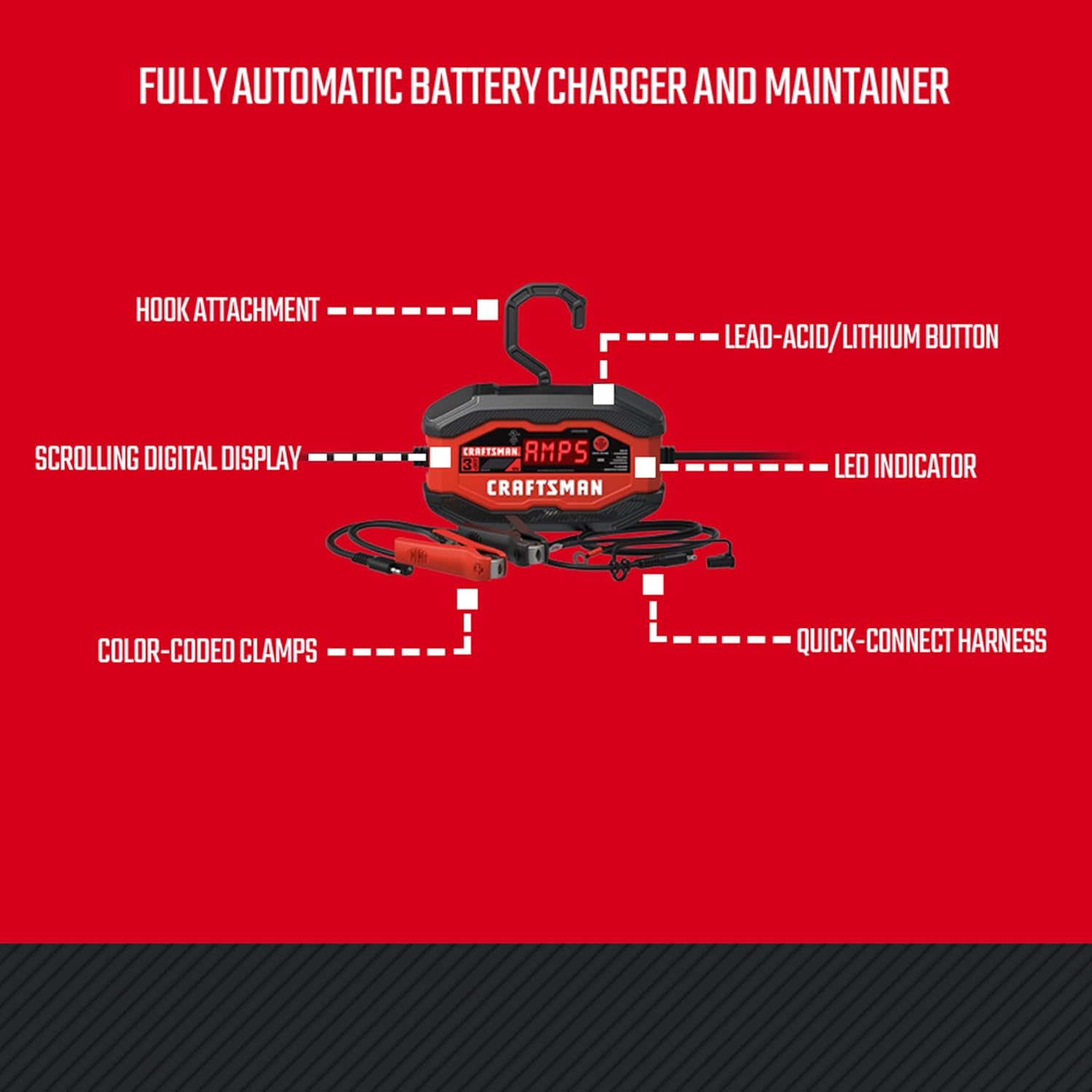 CRAFTSMAN Battery Charger and Maintainer, CMXCESM260, 3-in-1, Fully Automatic, 3 Amps, 12 Volt, for Motorcycle, Car, SUV, Truck and Marine Batteries image 6