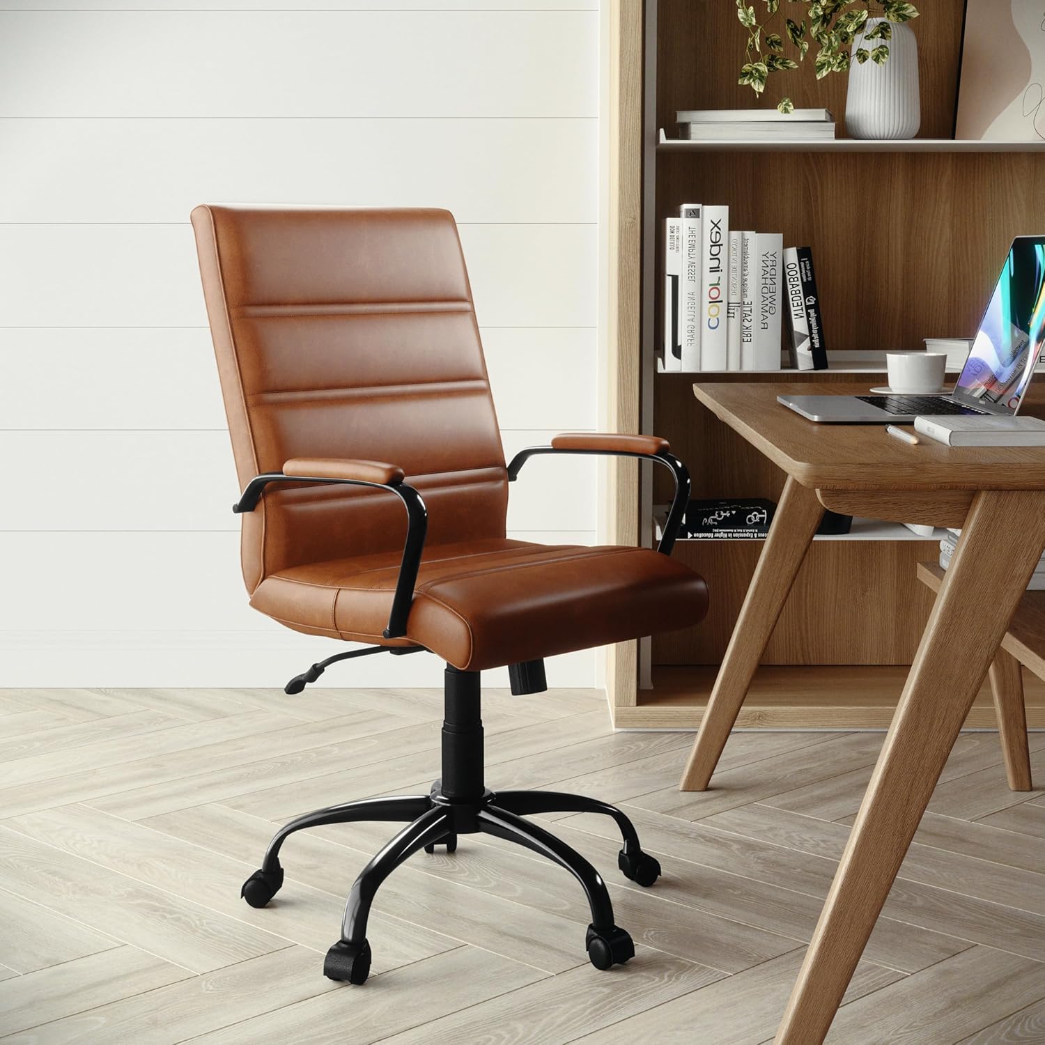 Flash Furniture Whitney Mid-Back Swivel Leather Desk Chair with Padded Seat and Armrests, Adjustable Height Padded Leather Office Chair, Brown/Black image 2