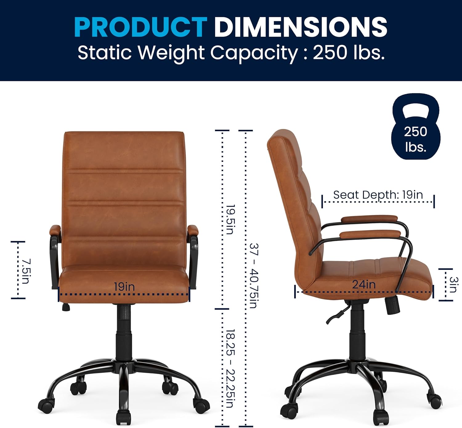 Flash Furniture Whitney Mid-Back Swivel Leather Desk Chair with Padded Seat and Armrests, Adjustable Height Padded Leather Office Chair, Brown/Black image 3