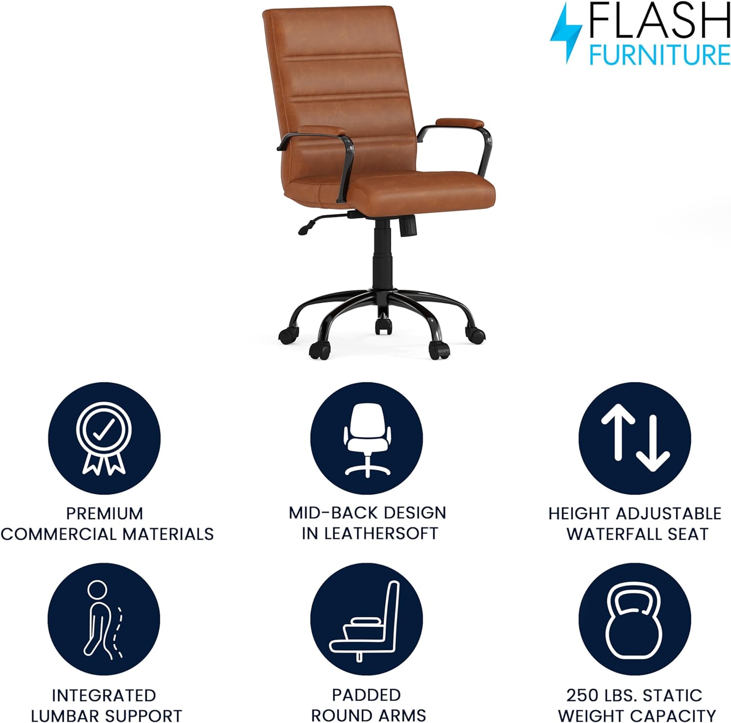 Flash Furniture Whitney Mid-Back Swivel Leather Desk Chair with Padded Seat and Armrests, Adjustable Height Padded Leather Office Chair, Brown/Black image 4