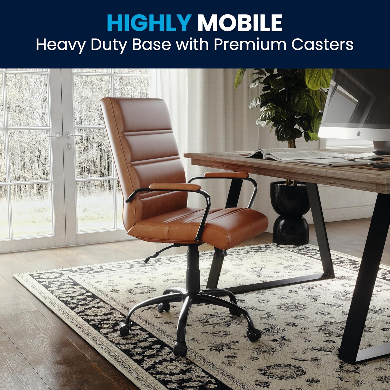 Flash Furniture Whitney Mid-Back Swivel Leather Desk Chair with Padded Seat and Armrests, Adjustable Height Padded Leather Office Chair, Brown/Black image 6