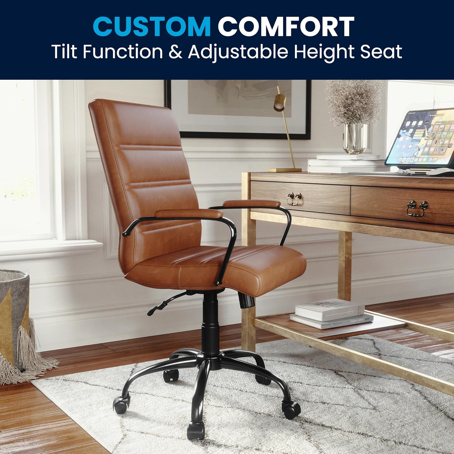 Flash Furniture Whitney Mid-Back Swivel Leather Desk Chair with Padded Seat and Armrests, Adjustable Height Padded Leather Office Chair, Brown/Black image 8