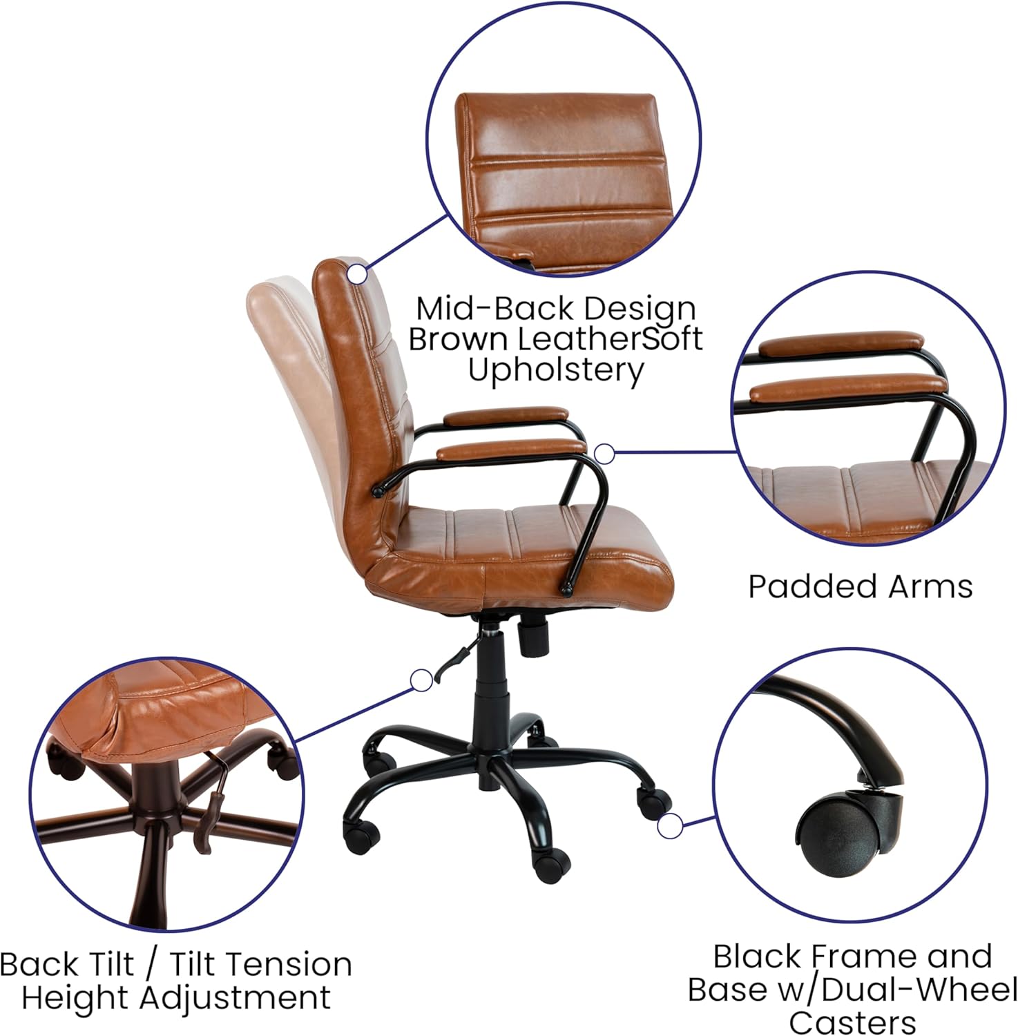Flash Furniture Whitney Mid-Back Swivel Leather Desk Chair with Padded Seat and Armrests, Adjustable Height Padded Leather Office Chair, Brown/Black image 10