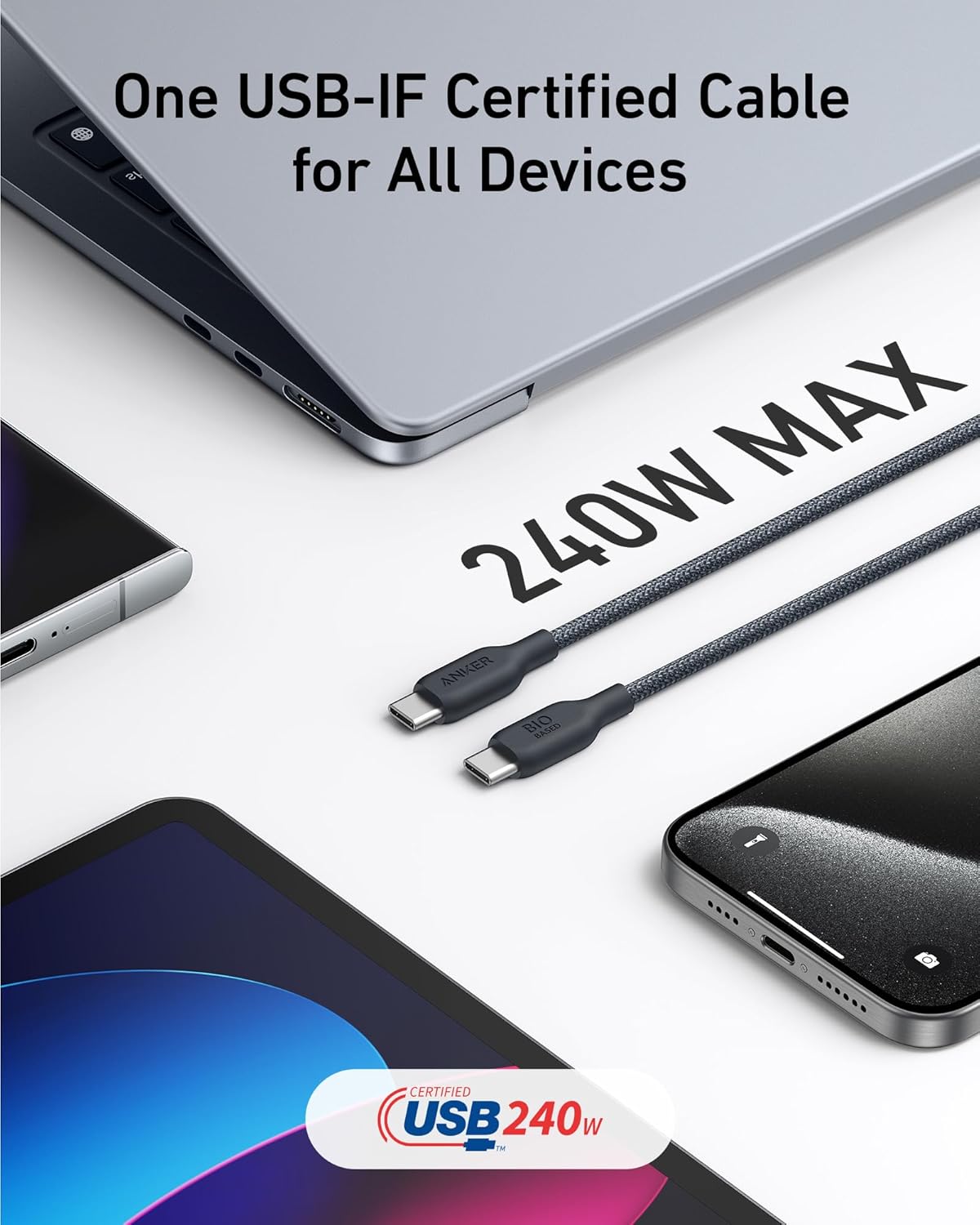 Anker USB C Cable, 240W Bio-Braided Type C Fast Charge Cord for iPhone 16/16 Pro, MacBook Pro 2020, iPad Pro,and More(USB 2.0, 10FT, Phantom Black) image 3