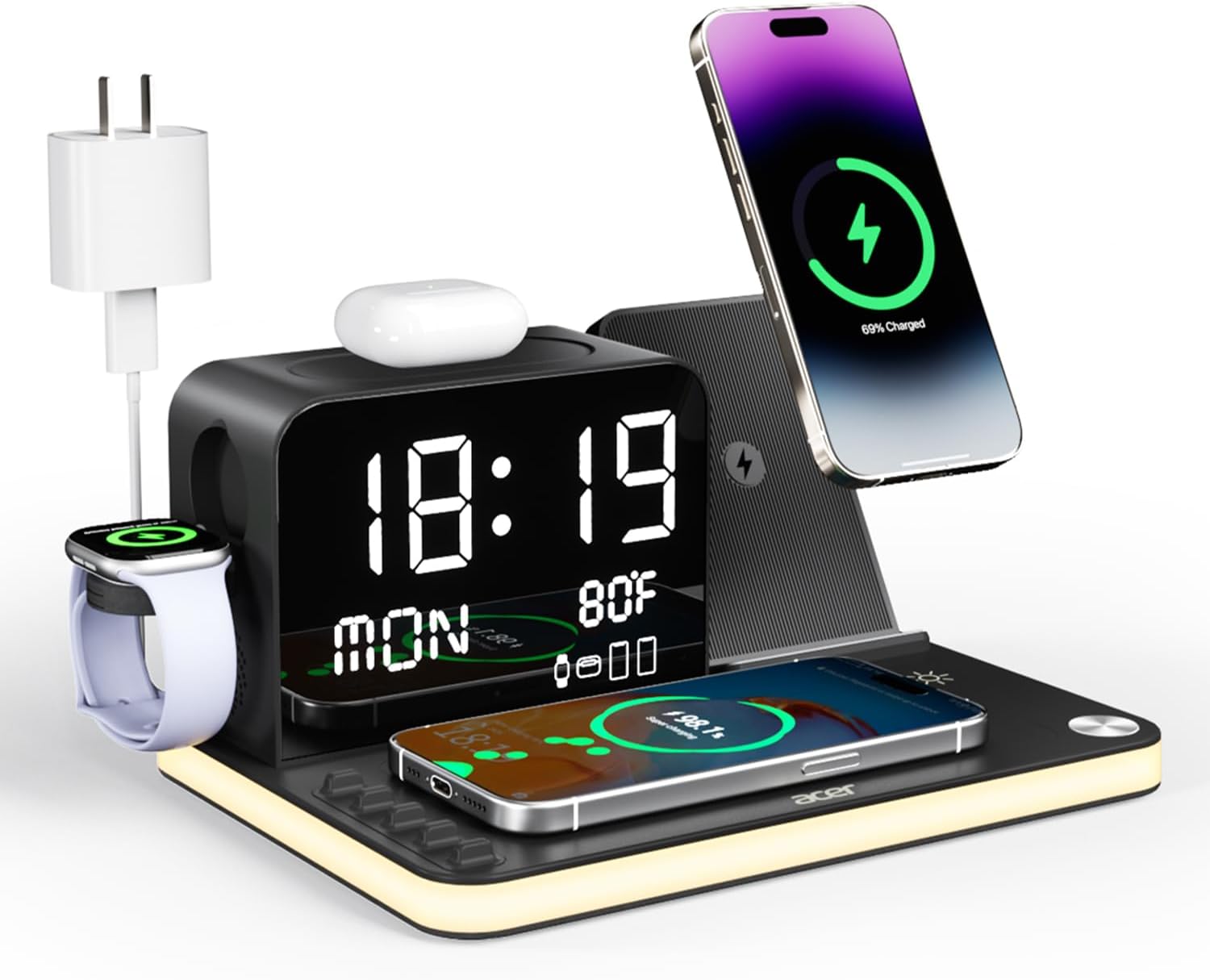 acer 7-in-1 Wireless Charging Station: Charger Stand for Multiple Devices for Apple - iPhone 16 15 14 13 12 Pro Max Apple Watch Airpods, Wireless Charger iPhone Charging Station with Bluetooth TimeSyn image 1