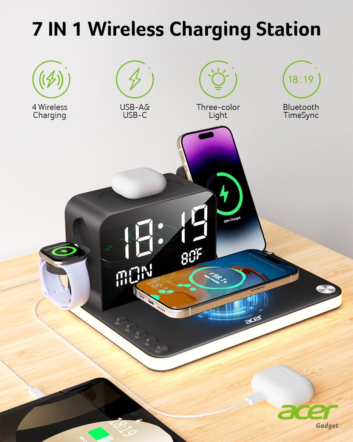 acer 7-in-1 Wireless Charging Station: Charger Stand for Multiple Devices for Apple - iPhone 16 15 14 13 12 Pro Max Apple Watch Airpods, Wireless Charger iPhone Charging Station with Bluetooth TimeSyn image 2