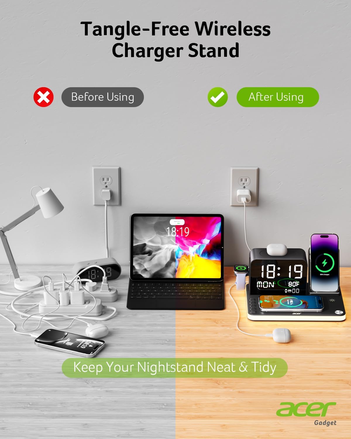 acer 7-in-1 Wireless Charging Station: Charger Stand for Multiple Devices for Apple - iPhone 16 15 14 13 12 Pro Max Apple Watch Airpods, Wireless Charger iPhone Charging Station with Bluetooth TimeSyn image 6