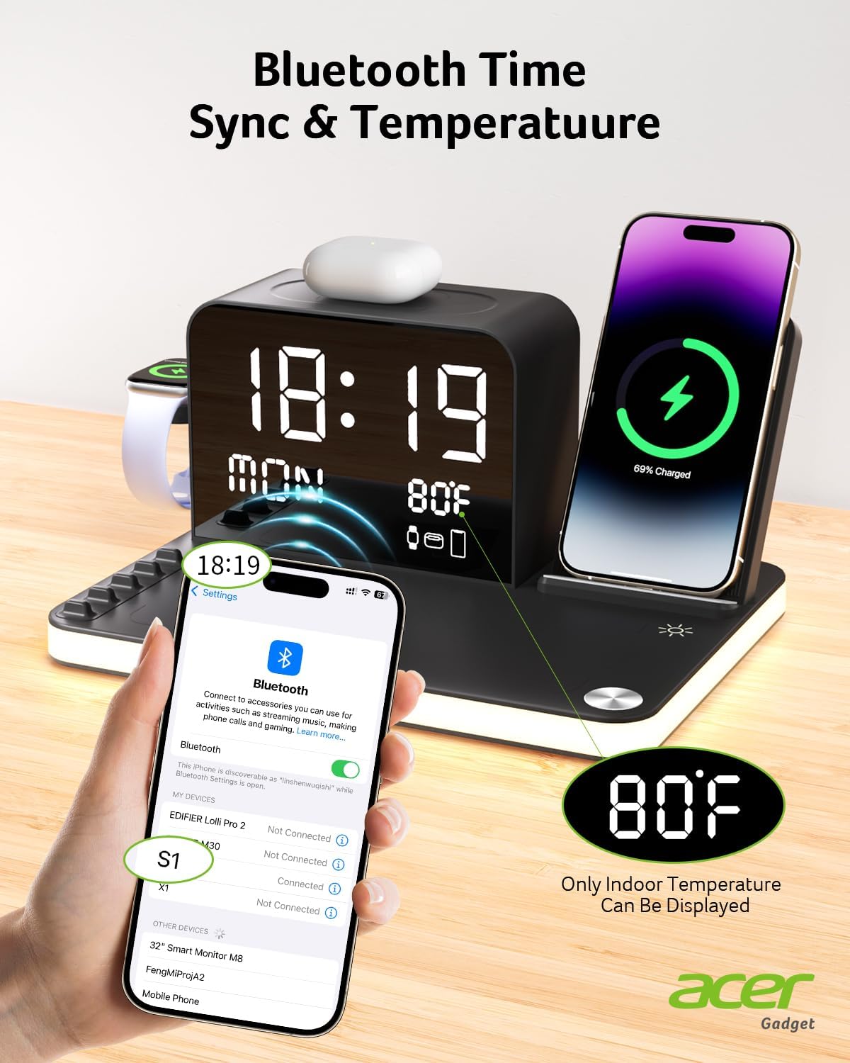 acer 7-in-1 Wireless Charging Station: Charger Stand for Multiple Devices for Apple - iPhone 16 15 14 13 12 Pro Max Apple Watch Airpods, Wireless Charger iPhone Charging Station with Bluetooth TimeSyn image 7