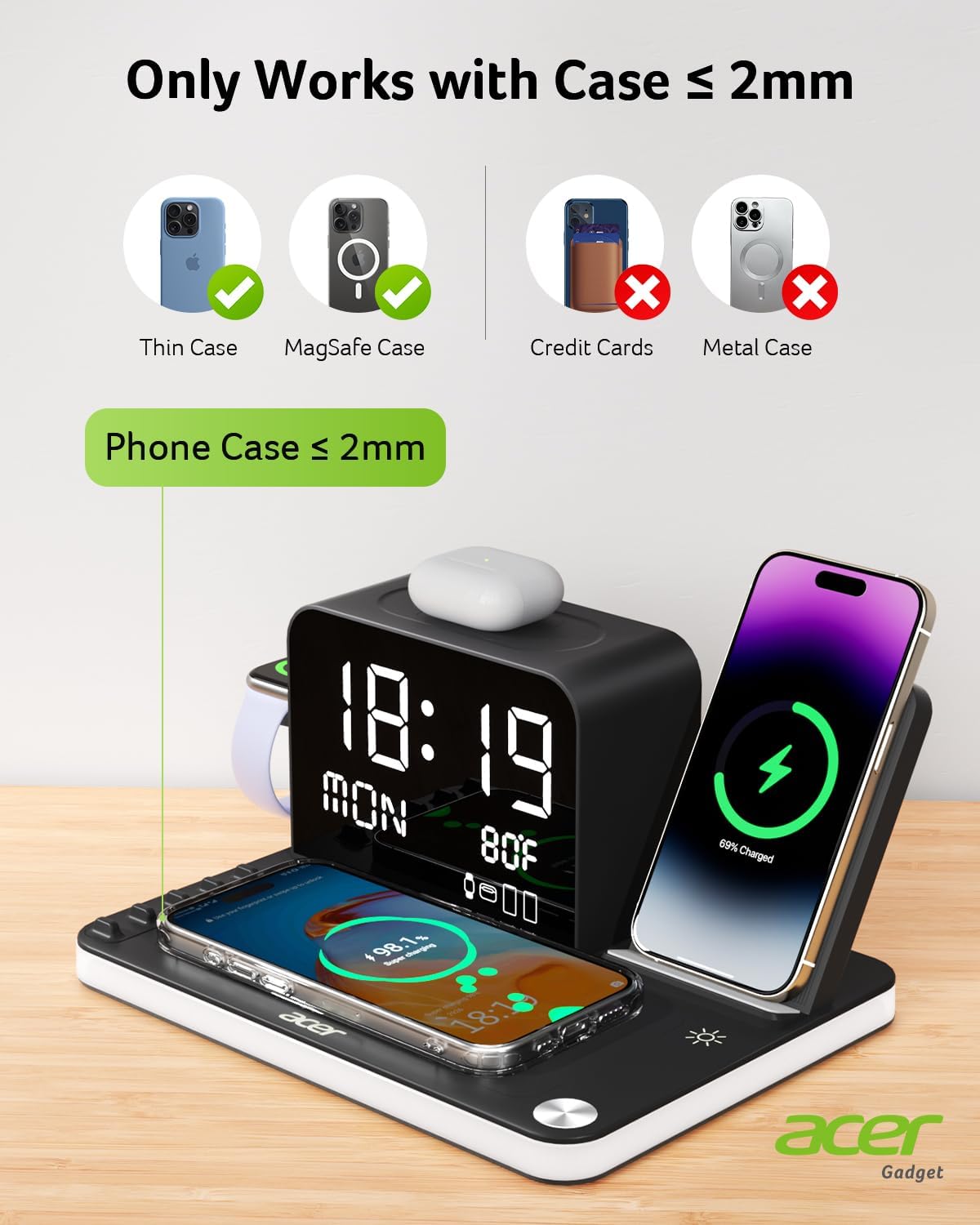 acer 7-in-1 Wireless Charging Station: Charger Stand for Multiple Devices for Apple - iPhone 16 15 14 13 12 Pro Max Apple Watch Airpods, Wireless Charger iPhone Charging Station with Bluetooth TimeSyn image 8