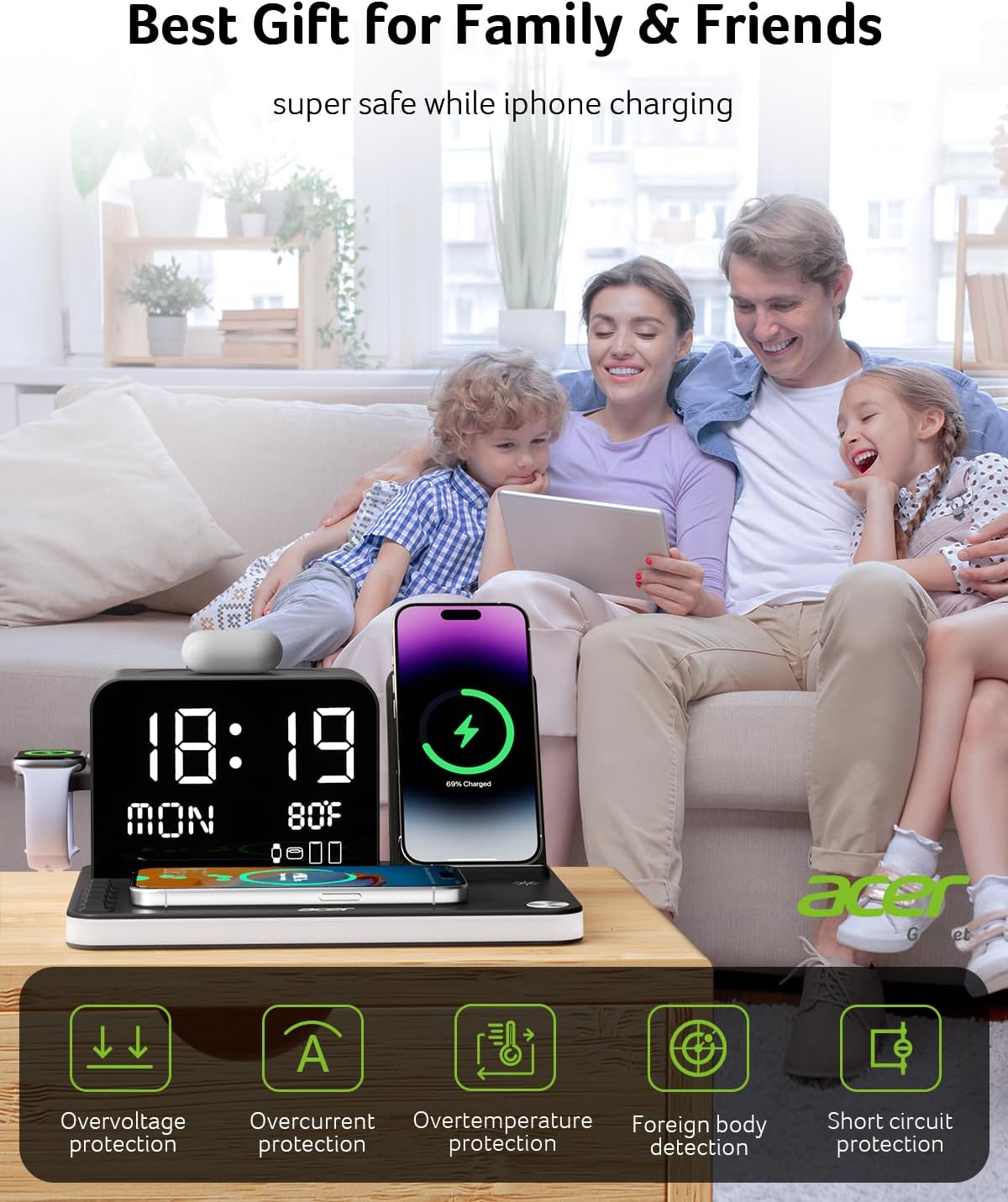 acer 7-in-1 Wireless Charging Station: Charger Stand for Multiple Devices for Apple - iPhone 16 15 14 13 12 Pro Max Apple Watch Airpods, Wireless Charger iPhone Charging Station with Bluetooth TimeSyn image 9