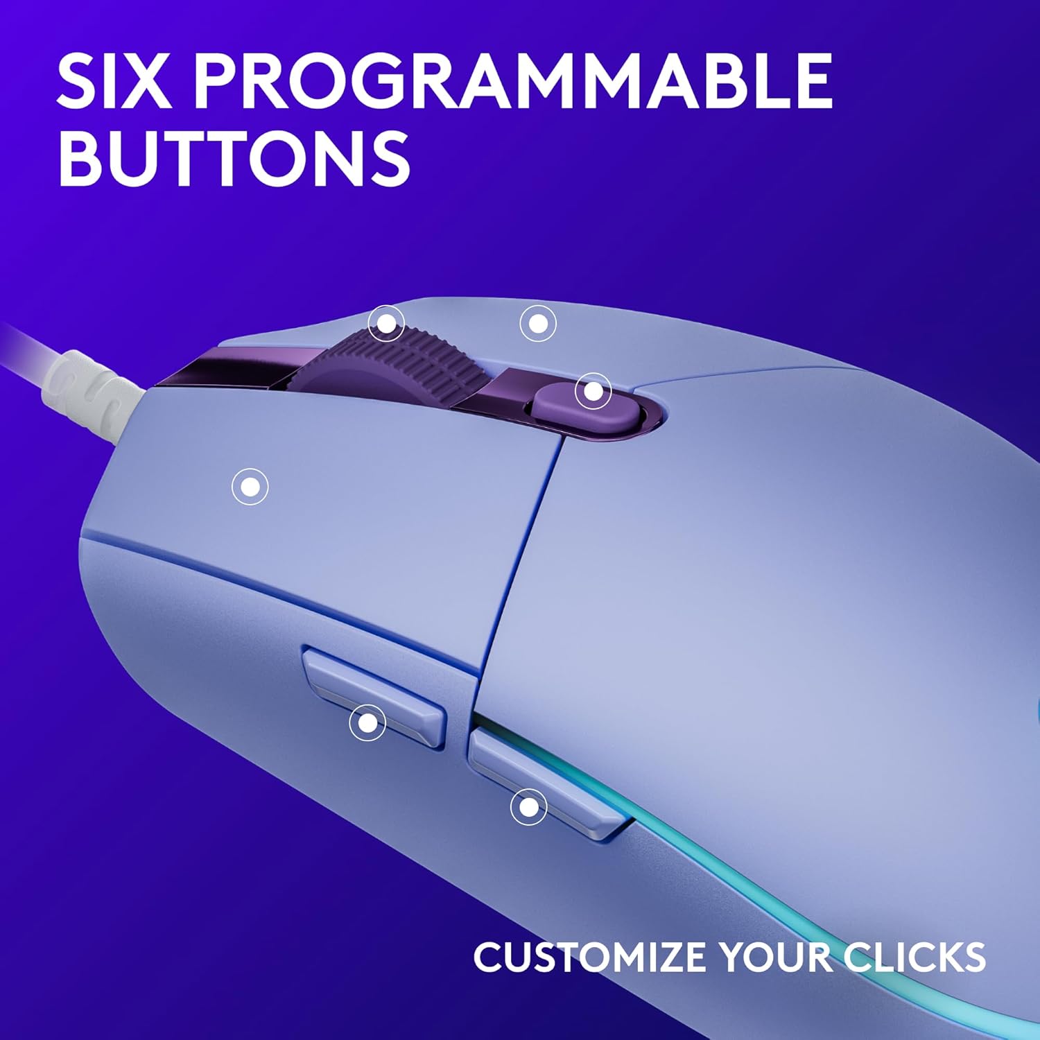 Logitech G203 Wired Gaming Mouse, 8,000 DPI, Rainbow Optical Effect LIGHTSYNC RGB, 6 Programmable Buttons, On-Board Memory, Screen Mapping, PC/Mac Computer and Laptop Compatible - Lilac image 3