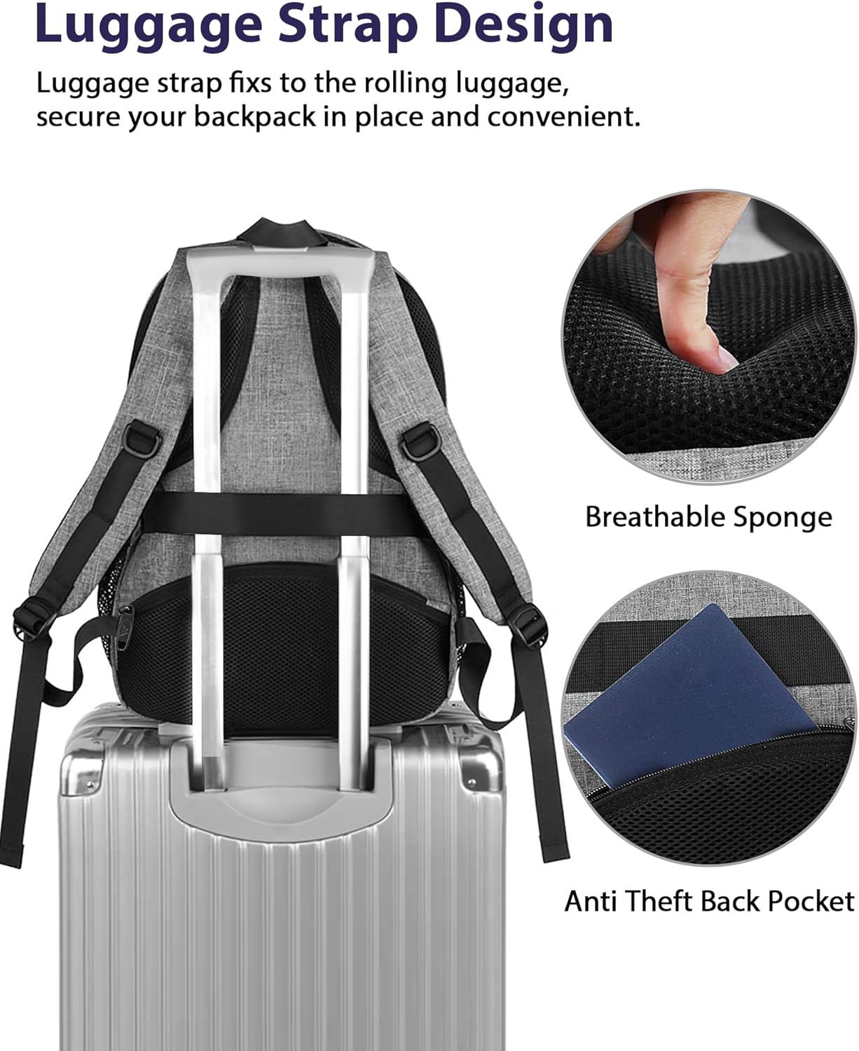 MATEIN Travel Laptop Backpack, 17 Inch Work TSA Approved Carry on Backpack, Large Computer Business Bag for Men Women with USB Port and Trolley Sleeve, College School Rucksack Book Bag, Grey image 3