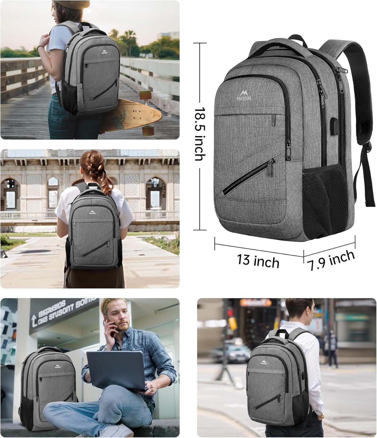 MATEIN Travel Laptop Backpack, 17 Inch Work TSA Approved Carry on Backpack, Large Computer Business Bag for Men Women with USB Port and Trolley Sleeve, College School Rucksack Book Bag, Grey image 5