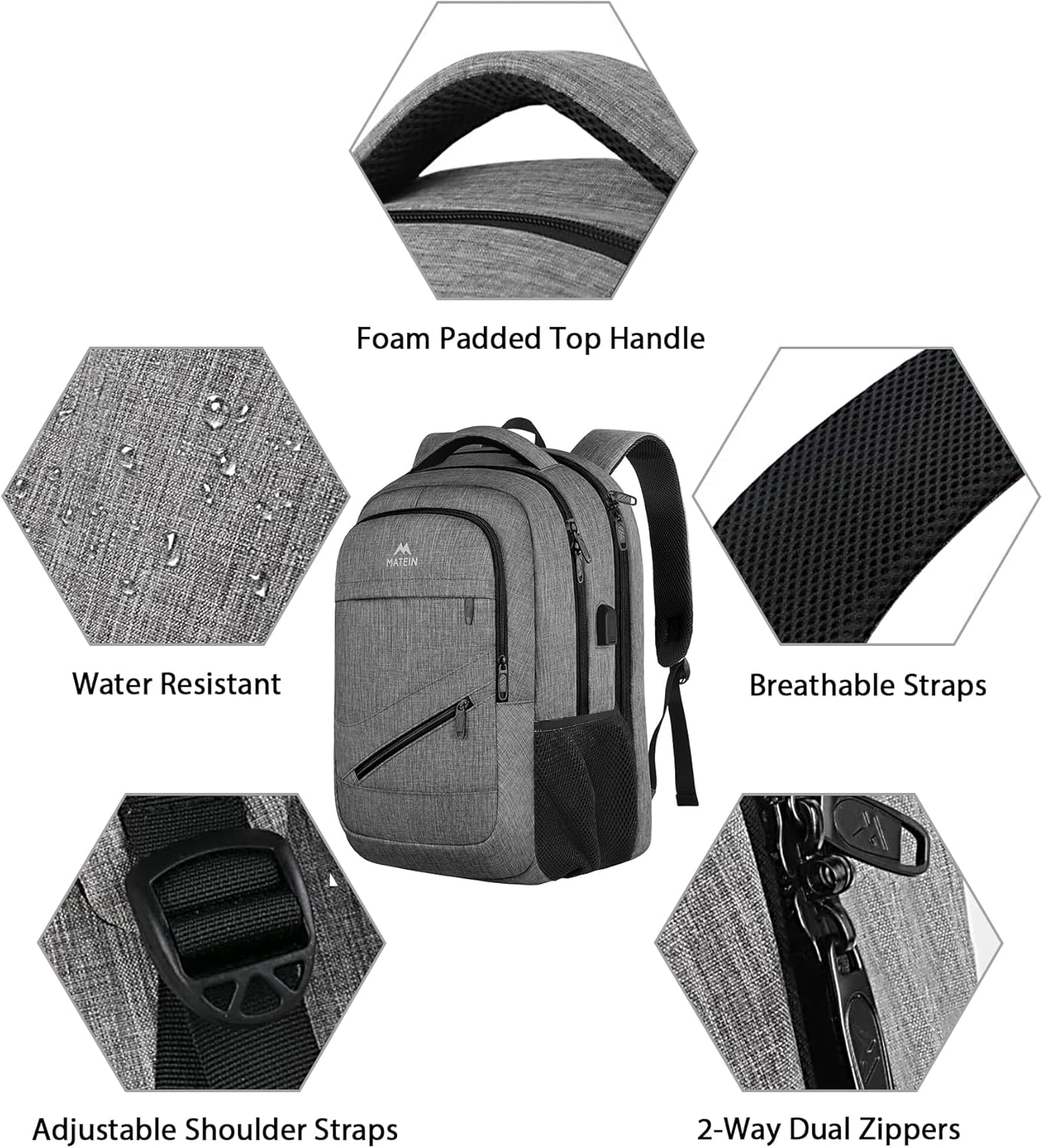 MATEIN Travel Laptop Backpack, 17 Inch Work TSA Approved Carry on Backpack, Large Computer Business Bag for Men Women with USB Port and Trolley Sleeve, College School Rucksack Book Bag, Grey image 6