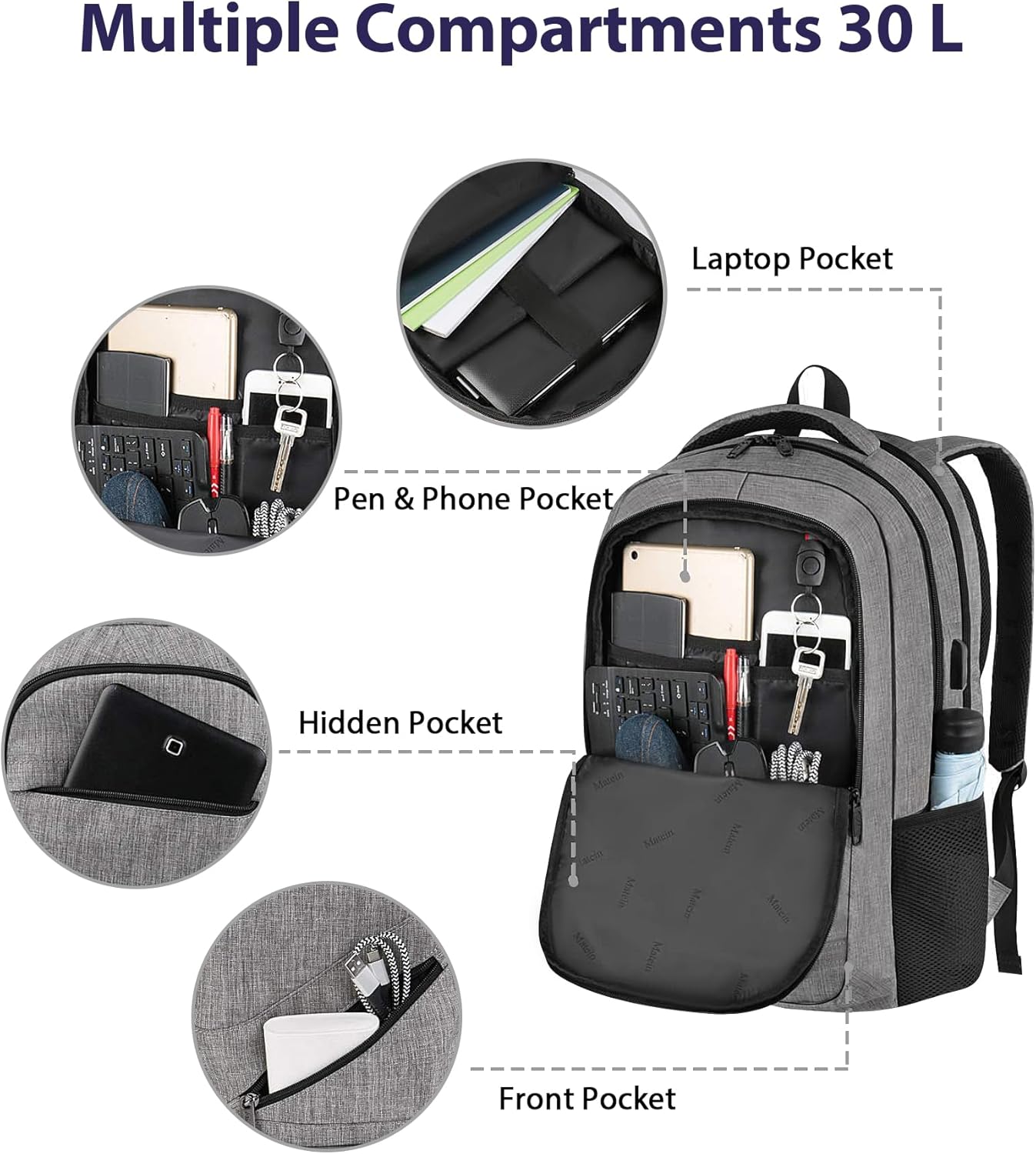 MATEIN Travel Laptop Backpack, 17 Inch Work TSA Approved Carry on Backpack, Large Computer Business Bag for Men Women with USB Port and Trolley Sleeve, College School Rucksack Book Bag, Grey image 8