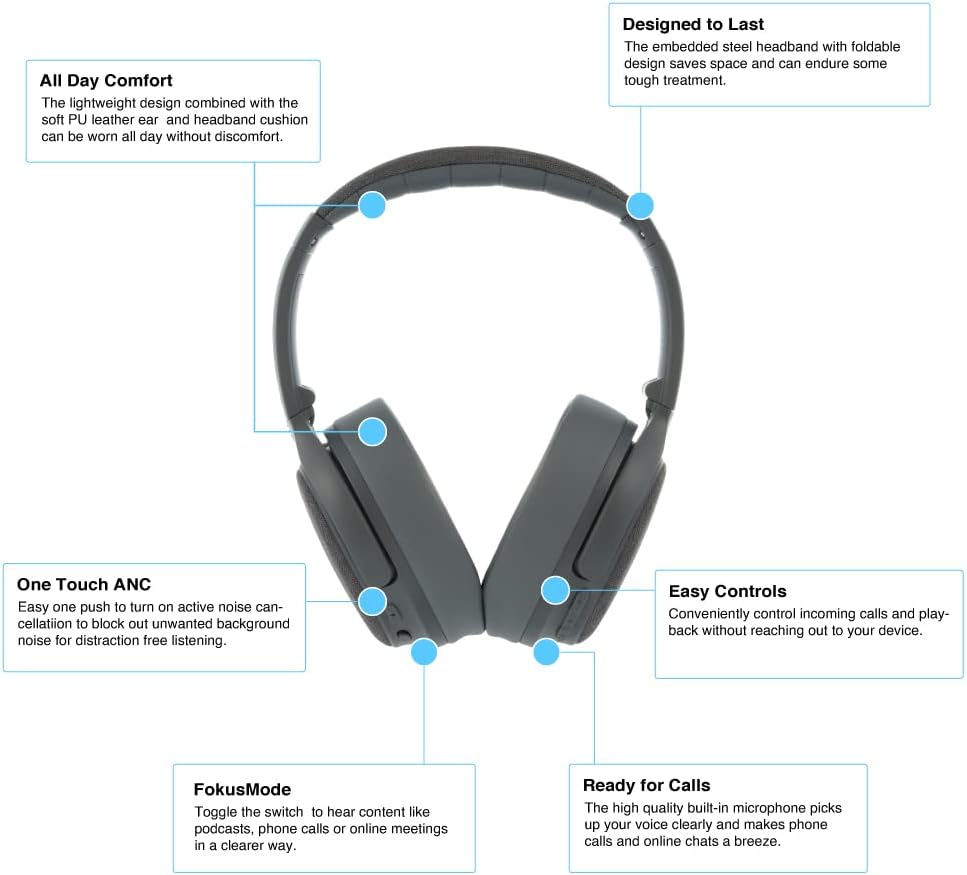 Made for Amazon, Active Noise Cancelling Bluetooth Headphones with Built-in Microphone | Grey image 5