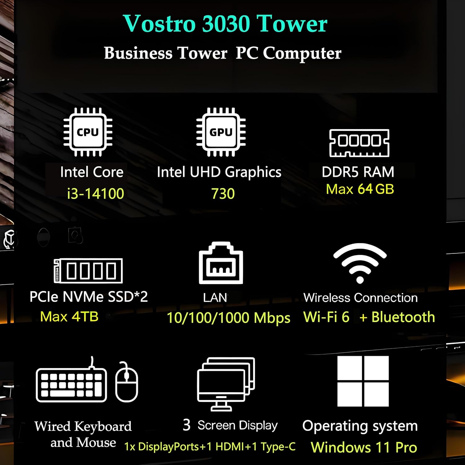 Dell Tower PC Desktop Computer for Home Business Student, 14th Gen Intel Core i3-14100 (Beat i5-12400), 32GB DDR5 RAM, 1TB PCIe SSD, WiFi 6, Bluetooth, DisplayPort, HDMI, KB & Mouse, Windows 11 Pro image 2