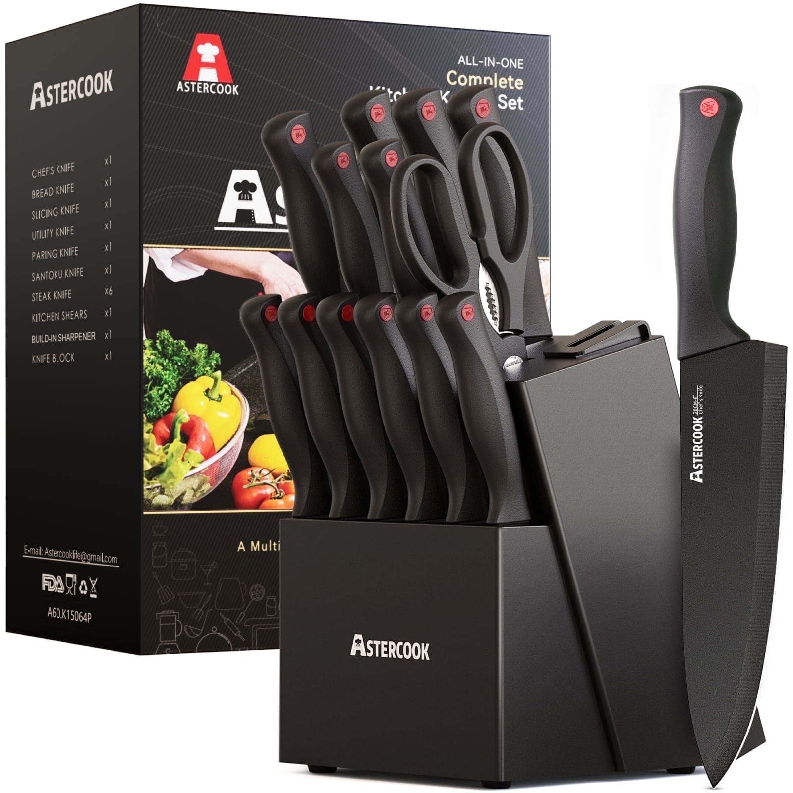 Astercook Kitchen Knife Set, 14 Pcs Knives Block Set with Built-in Sharpener, Healthy Anti-Rust Coating & German Stainless Steel Knife Set, Dishwasher Safe Black image 1