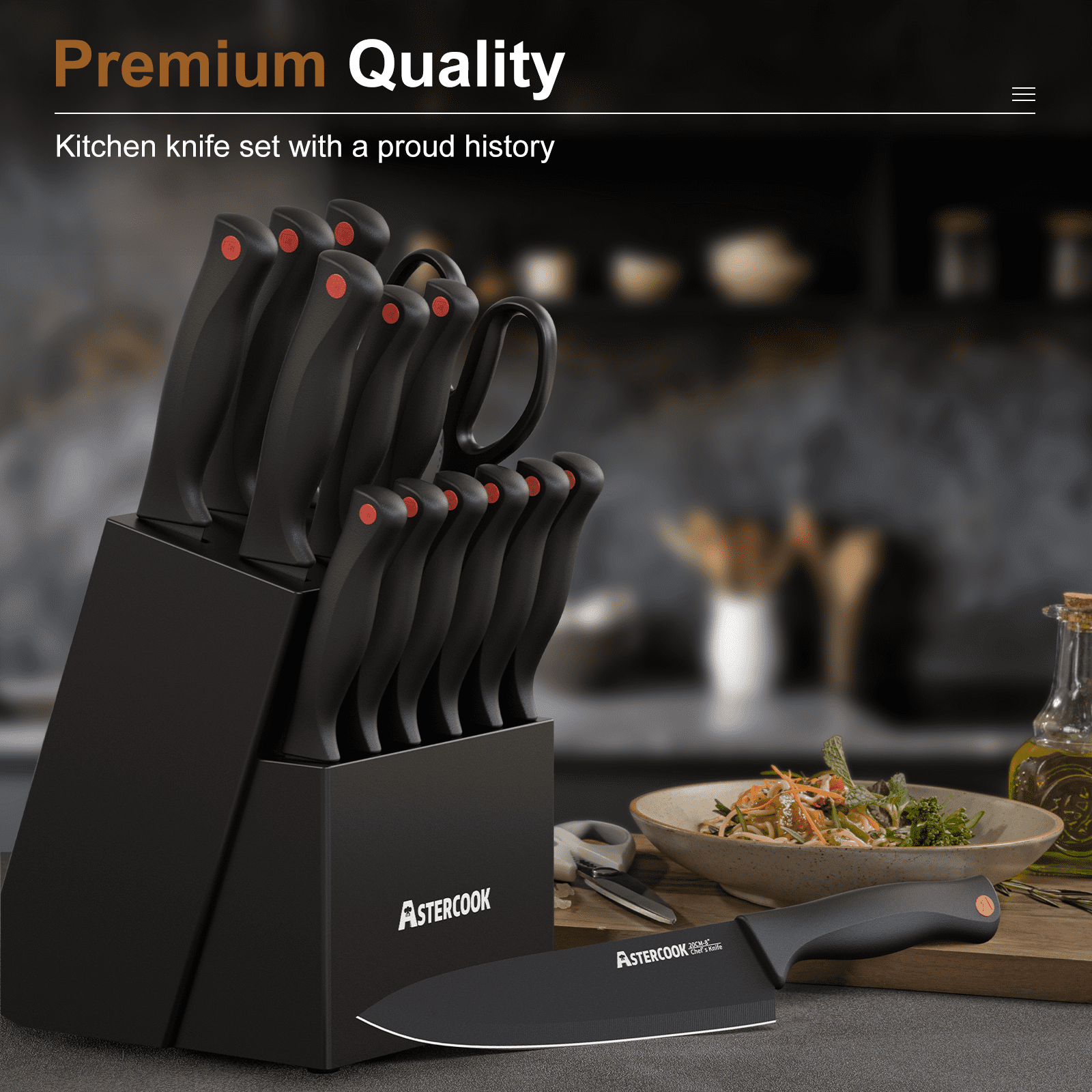 Astercook Kitchen Knife Set, 14 Pcs Knives Block Set with Built-in Sharpener, Healthy Anti-Rust Coating & German Stainless Steel Knife Set, Dishwasher Safe Black image 5