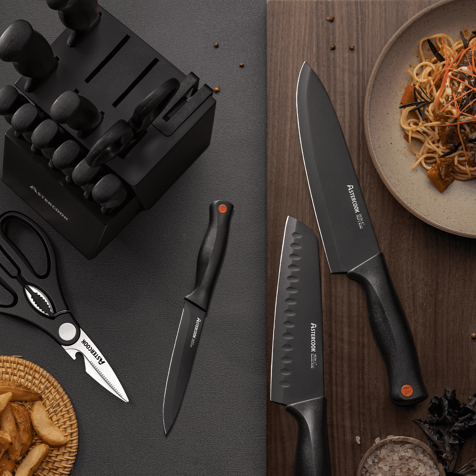Astercook Kitchen Knife Set, 14 Pcs Knives Block Set with Built-in Sharpener, Healthy Anti-Rust Coating & German Stainless Steel Knife Set, Dishwasher Safe Black image 6