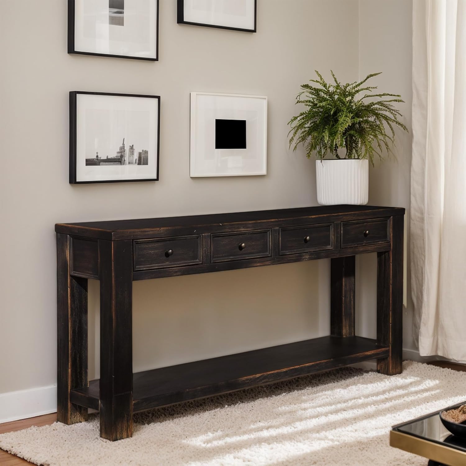 Signature Design by Ashley Gavelston Rustic Sofa Table with 4 Drawers and Lower Shelf, Weathered Black image 2